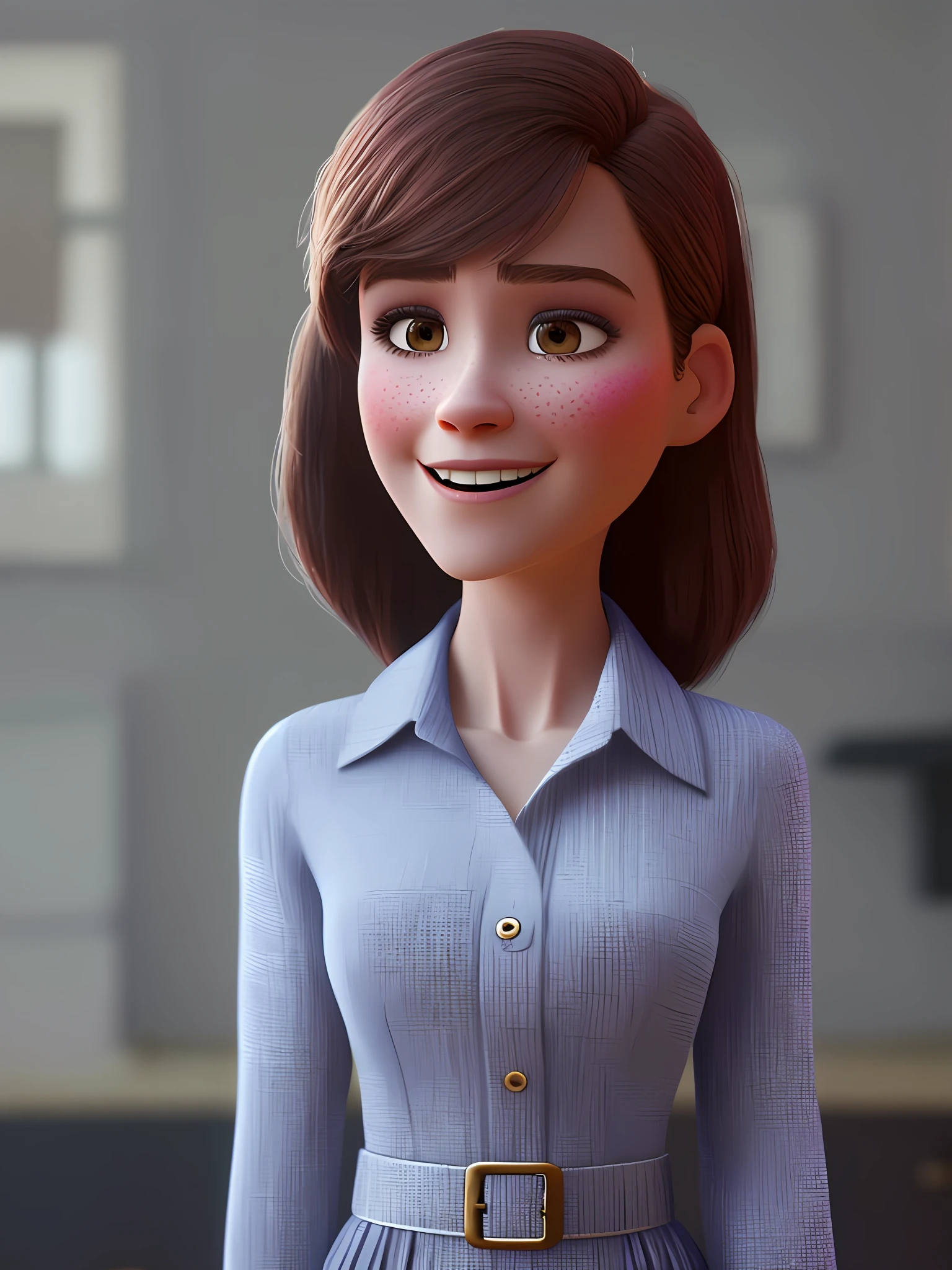 Pixarstyle A waist-high portrait of a young woman in a dress shirt, smile, natural skin texture, 4K textures, HDR, intricate, highly detailed, sharp focus, cinematic look, hyper-detailed