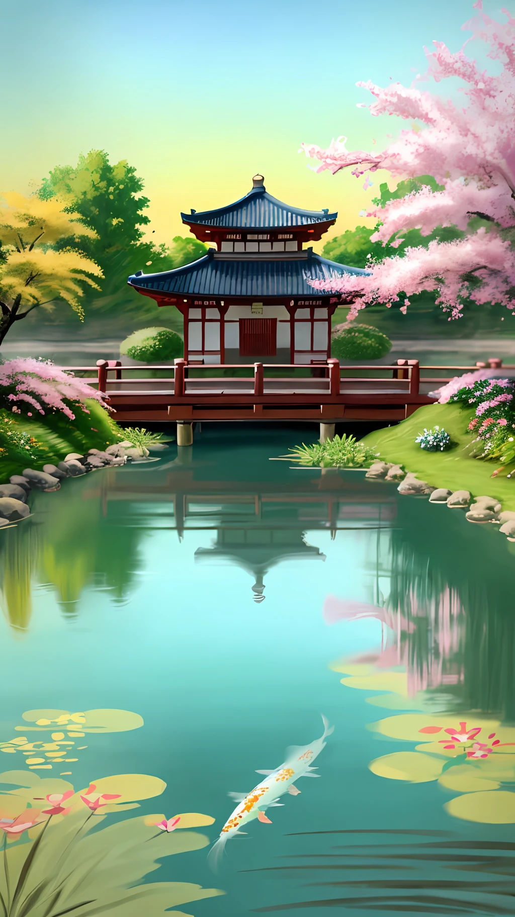 (digital painting),(best quality), (buildings:1.3), serene Japanese garden, cherry blossoms in full bloom, koi pond, footbridge, pagoda, Ukiyo-e art style, Hokusai inspiration, Deviant Art popular, 8k ultra-realistic, pastel color scheme, soft lighting, golden hour, tranquil atmosphere, landscape orientation