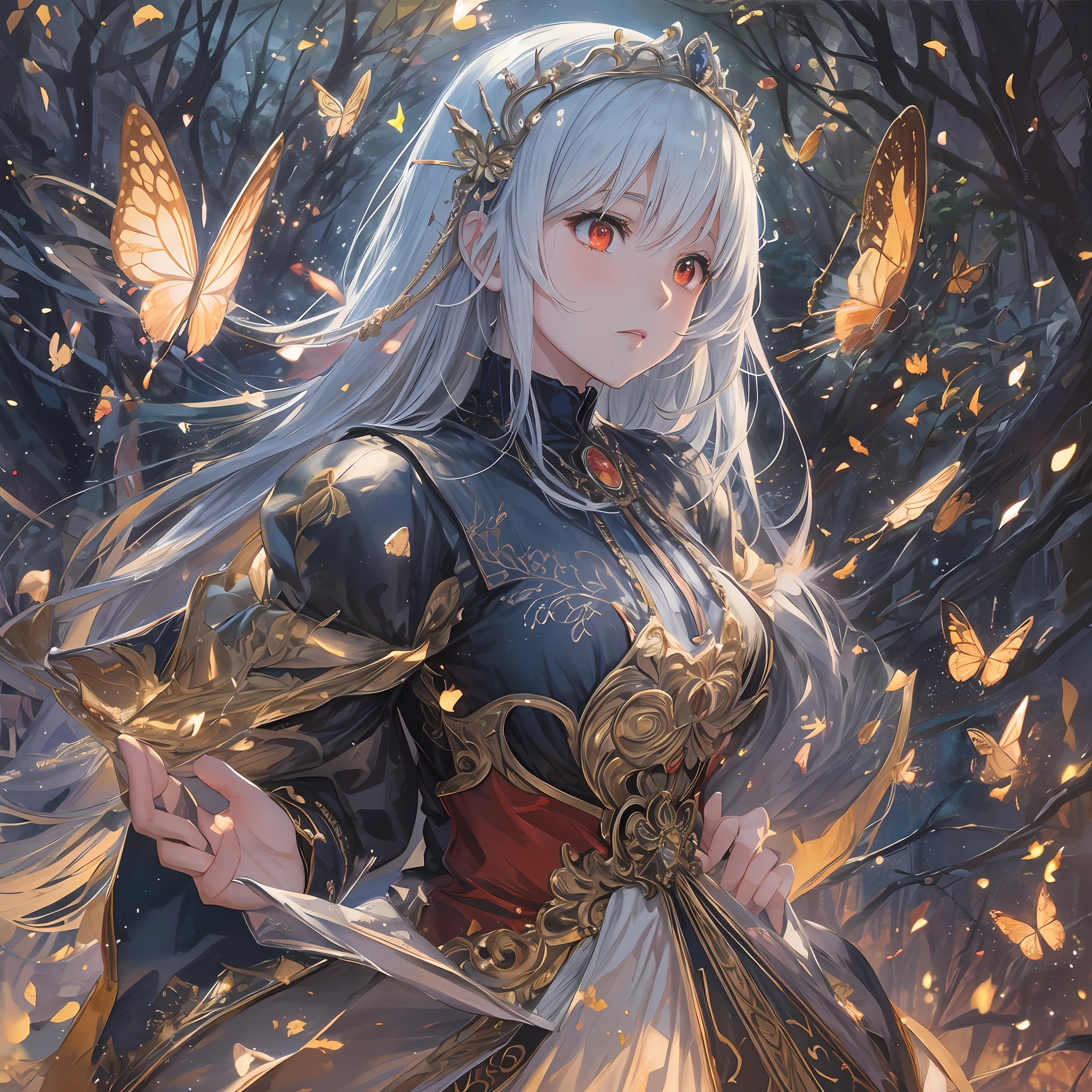 Manga-style, anime, animated GIF illustrating manga-style anime, Kentaro Miura, Wlop illustration, best quality, best lighting, best artist, best luminosity, incredible beautiful forest background scenery with butterflies, fireflies, a lovely young woman, wearing modest and elegant medieval attire, bright luminescent red eyes, fair skin, wearing a beautiful lace tiara, cinematic indirect lighting from the studio.