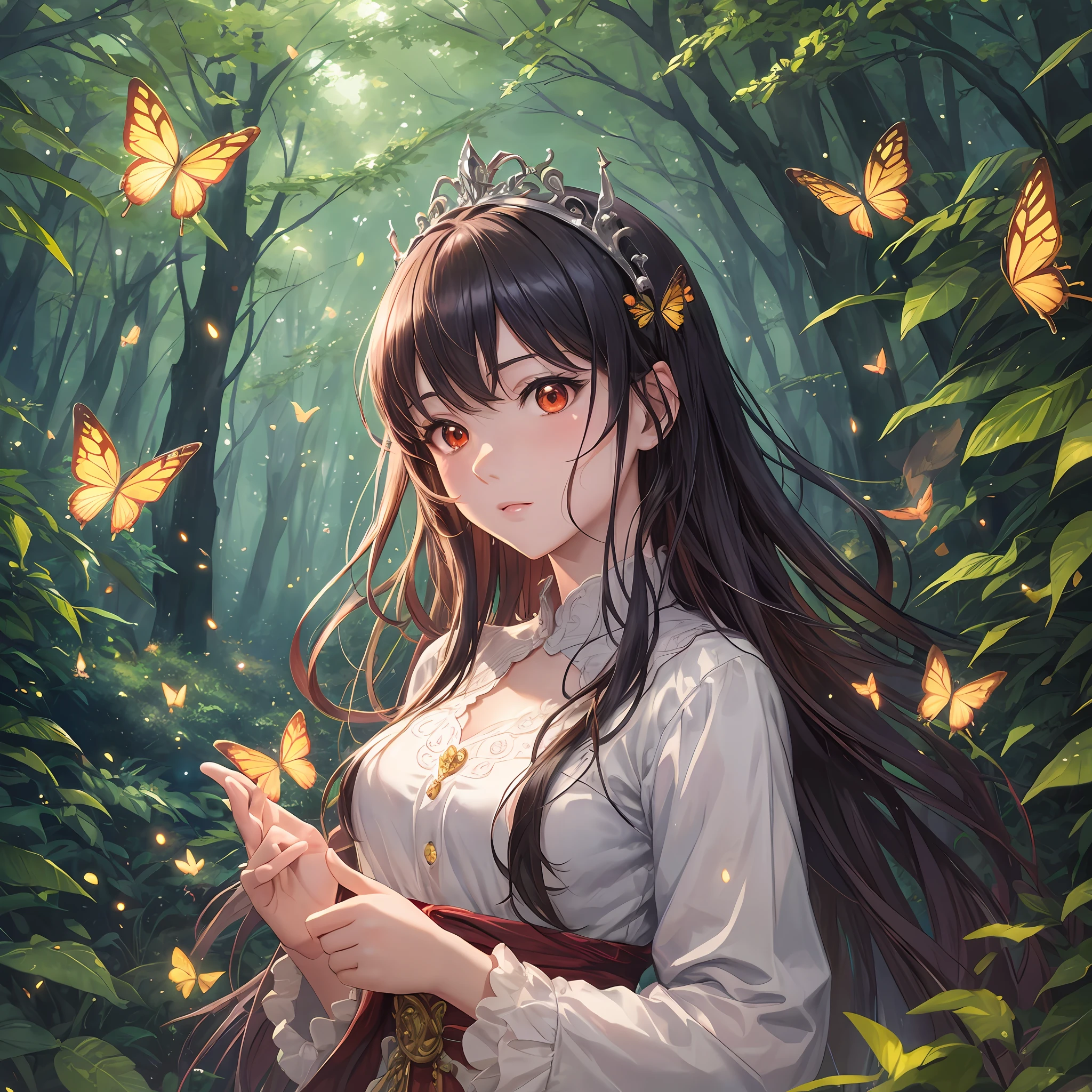 Manga-style, anime, animated GIF illustrating manga-style anime, Kentaro Miura, Wlop illustration, best quality, best lighting, best artist, best luminosity, incredible beautiful forest background scenery with butterflies, fireflies, a lovely young woman, wearing modest and elegant medieval attire, bright luminescent red eyes, fair skin, wearing a beautiful lace tiara, cinematic indirect lighting from the studio.