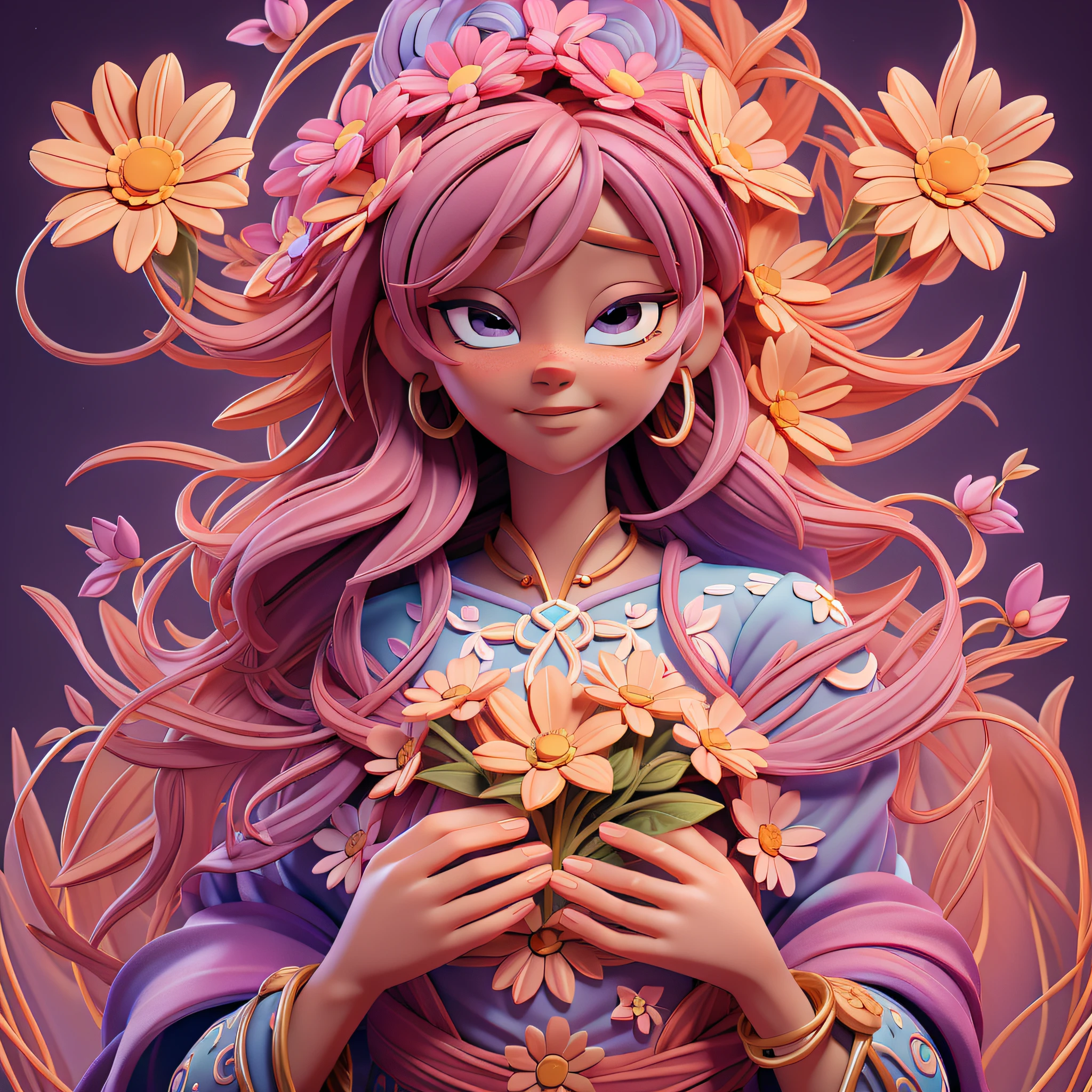 "Inner Flourishing": In this illustration, a character is in the midst of a process of self-discovery and personal growth. She is represented as a flower in full bloom, symbolizing the journey of becoming the best version of herself. This image conveys the message that we all have incredible inner potential that can flourish with care and self-acceptance.
