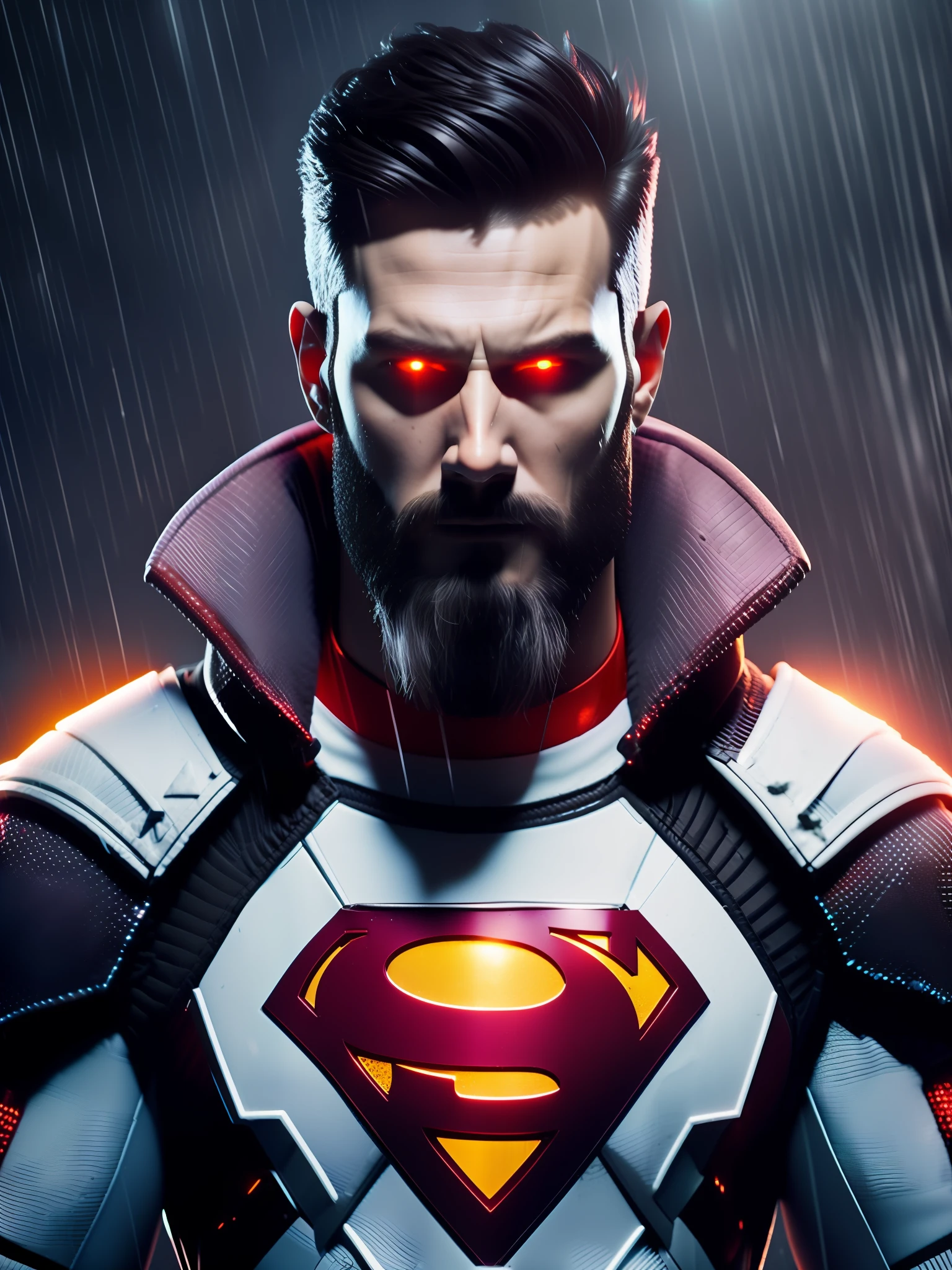 Old Superman award-winning photo of a man, white superhero suit, square jawline, asymmetric face, white hair, white big beard, in rain, angry, red eyes, purple light, 80mm, bokeh, mass effect, close up, fking_cinema_v2, 8k, cinematic