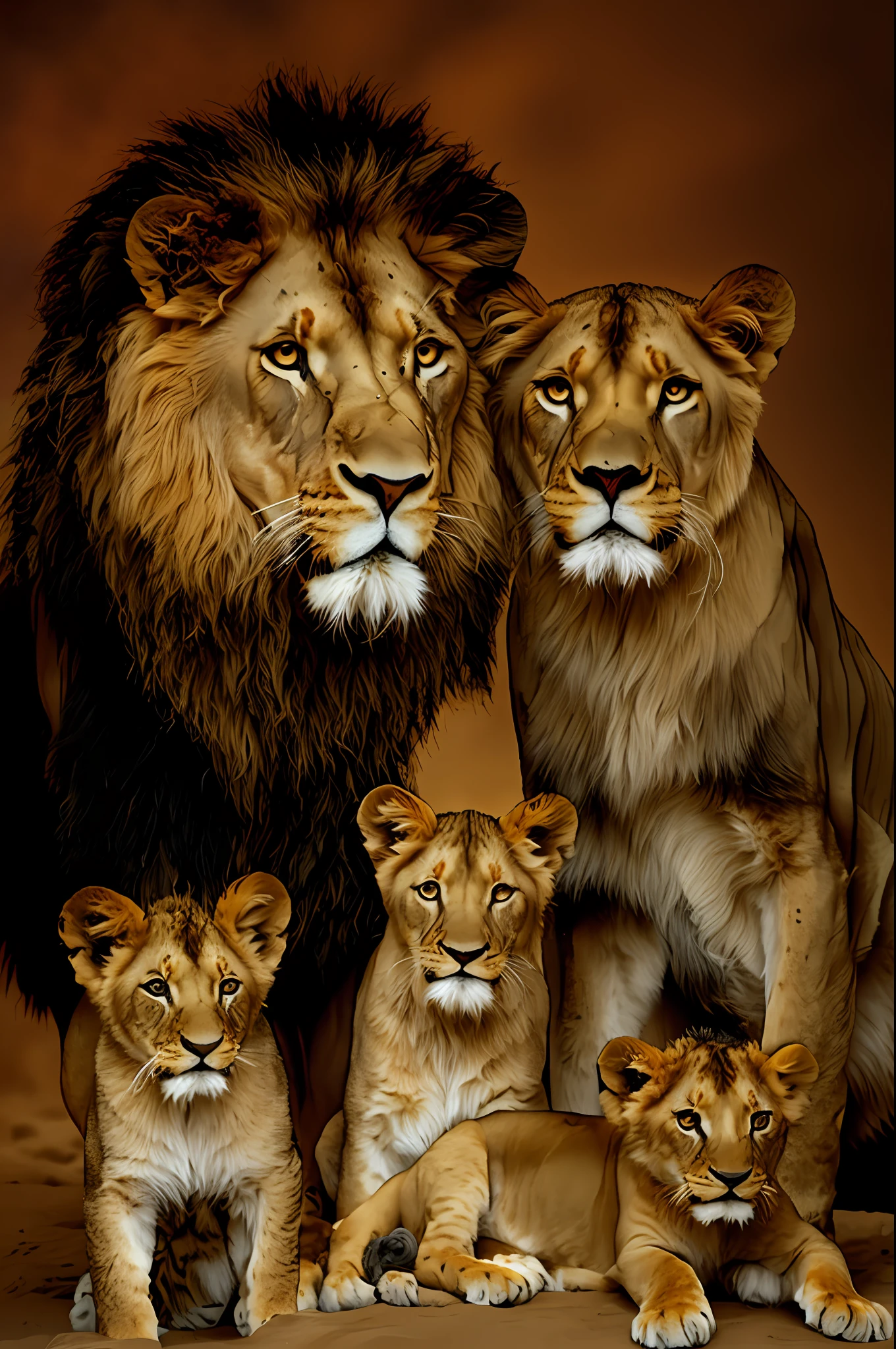 there are a lot of lions that are together, lions, family portrait, proud look, trend,, simba, mane, lion, family photo, lioness, wild animals, on black background, black background, fundonescuro, cave, stone cave, photo of a beautiful, majesty, cub, by Linda Sutton, by Micha Klein, by Scott M. Fischer, by László Balogh