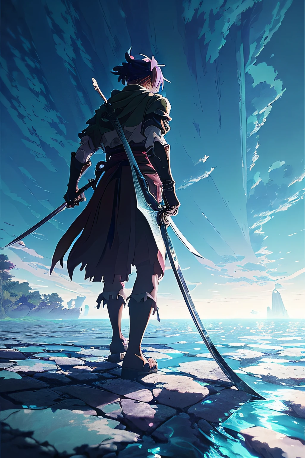((masterpiece, best quality)), (extremely detailed CG unity 8k wallpaper, masterpiece, best quality, ultra-detailed, best shadow), (detailed background), (beautiful detailed face, beautiful detailed eyes), High contrast, (best illumination, an extremely delicate and beautiful), (anime girl:1.2), ((anime girl with a katana walking on water, ripples, backdrop of dawn, backshot, saturn in the background, low angled illustration from demon slayer, concept art, anime, key visual, trending pixiv fanbox by wlop and greg rutkowski and makoto shinkai and studio ghibli )), ((caustic)), dynamic angle, beautiful detailed glow,