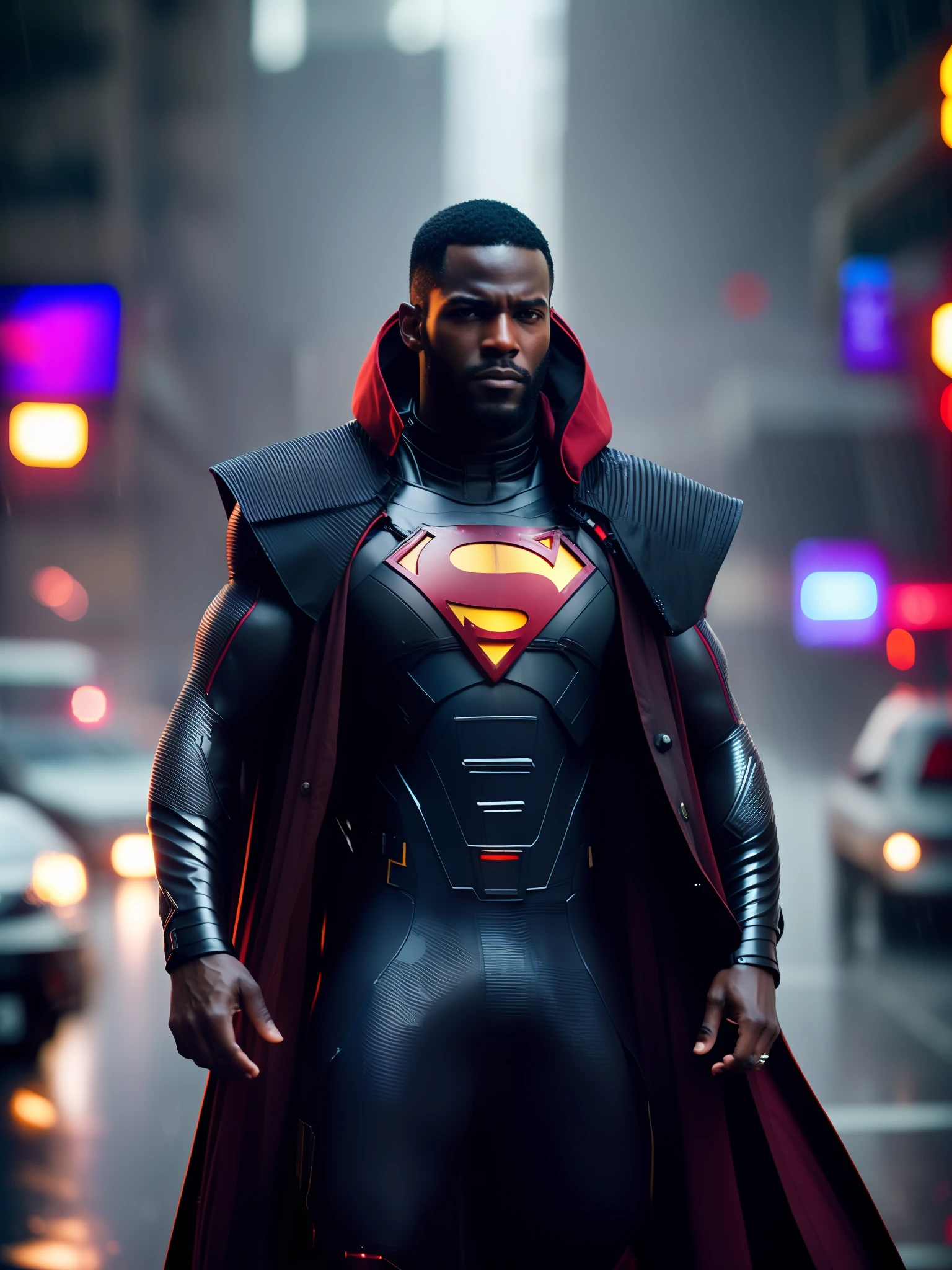 Superman award-winning photo of a man, black superhero suit, black cape, square jawline, asymmetric face, hair, big beard, in rain, angry, red eyes, purple light, 80mm, bokeh, mass effect, close up, fking_cinema_v2, 8k, cinematic
