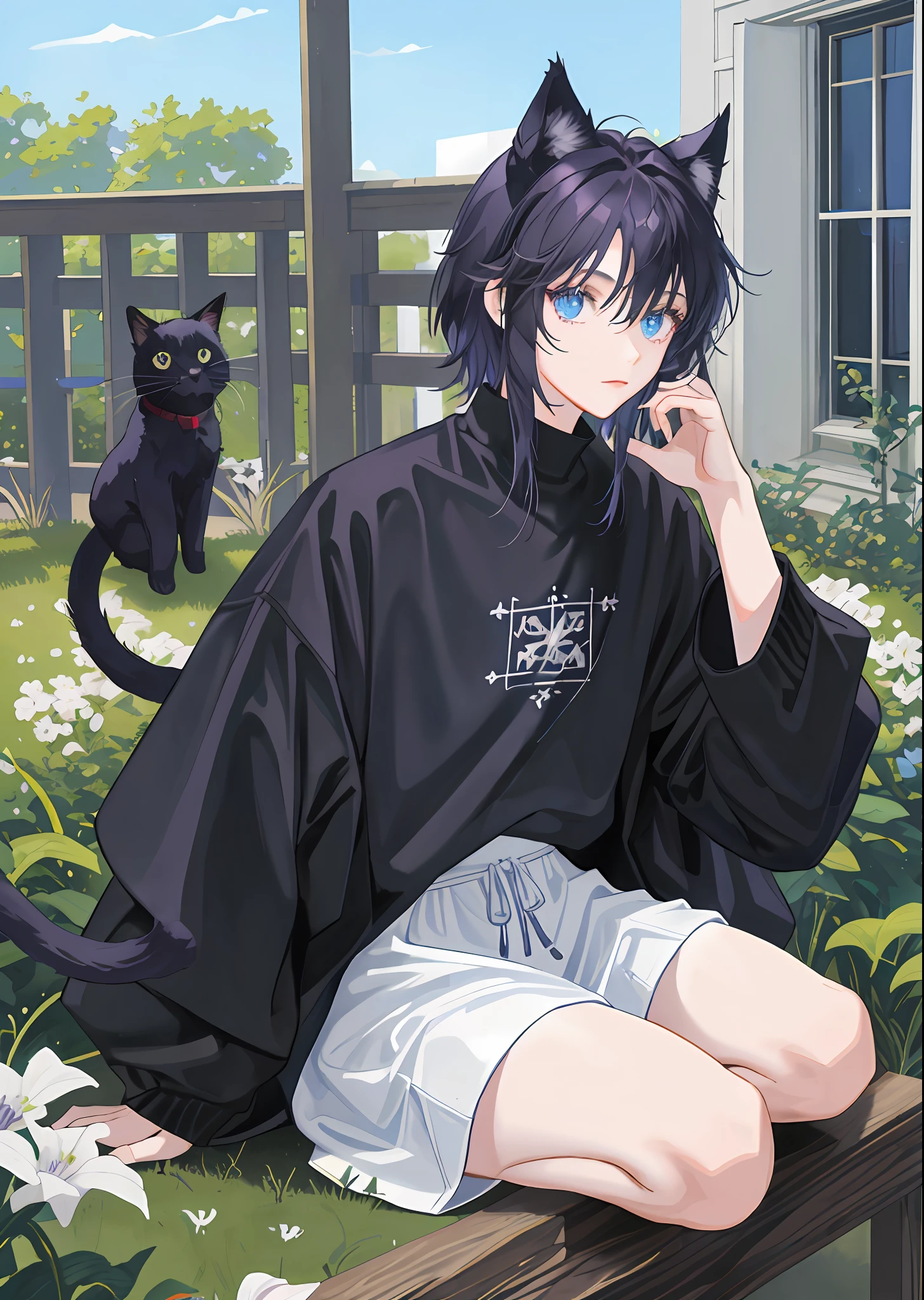 ((Solo)), adult, masulino, black hair with purple and short locks, blue eyes, big black sweatshirt, white skin, cute, anime, cute, black cat tail and ears, perfect photo, delicate face,