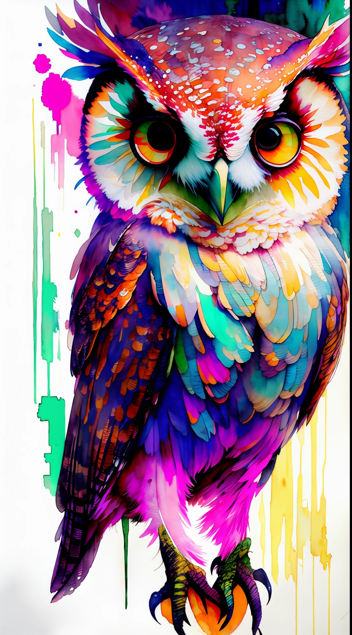 wtrcolor style, (owl) digital art, official art, front, smile, masterpiece, beautiful, ((watercolor)), face paint, paint splatter, intricate detail. Very detailed, detailed eyes, [dripping:0.5], trending on Artstation, Rachel Walker