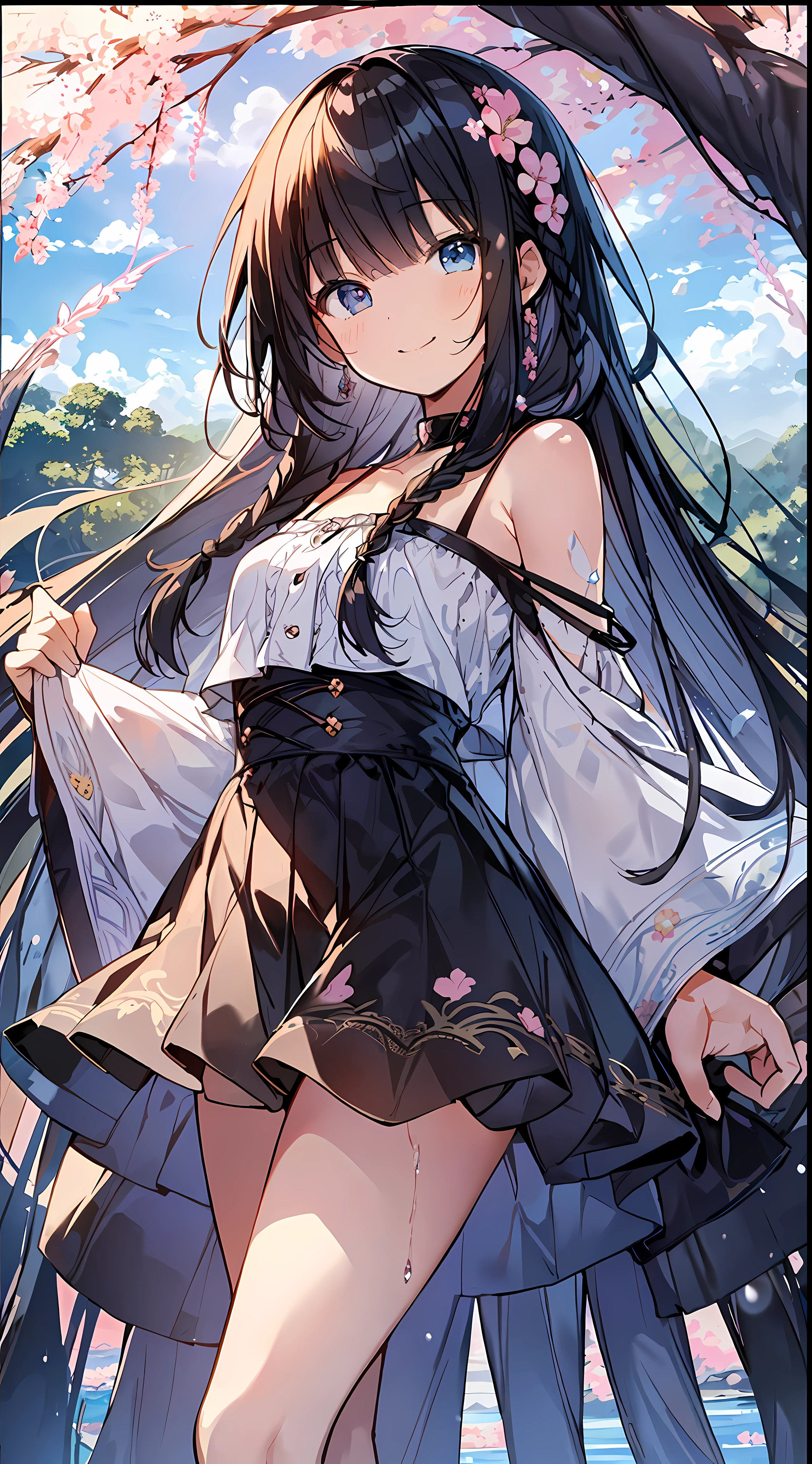 Top Quality, Masterpiece, Ultra High Definition, 8K, Summer Sky, Early Summer, (((Summer Outfit)), Shojo Manga Style Loli, One, Soft Line Art, Digital Enhancement, Shojo Manga Touch, Shojo Manga Core, Flowing Fabric, Close Up, (Hair length to shoulders and short braid)), wet hair, staring at us from the front, soft drawing, beautiful black hair, clear eyes, (((teasing smile)) , Ultra-detailed digital anime art, clear face depiction, ultra-detailed shoujo manga character art, ultra-detailed manga style, top quality colors, hand gestures, landscape with nature, looking up at the sky, angle that can be seen up to the feet