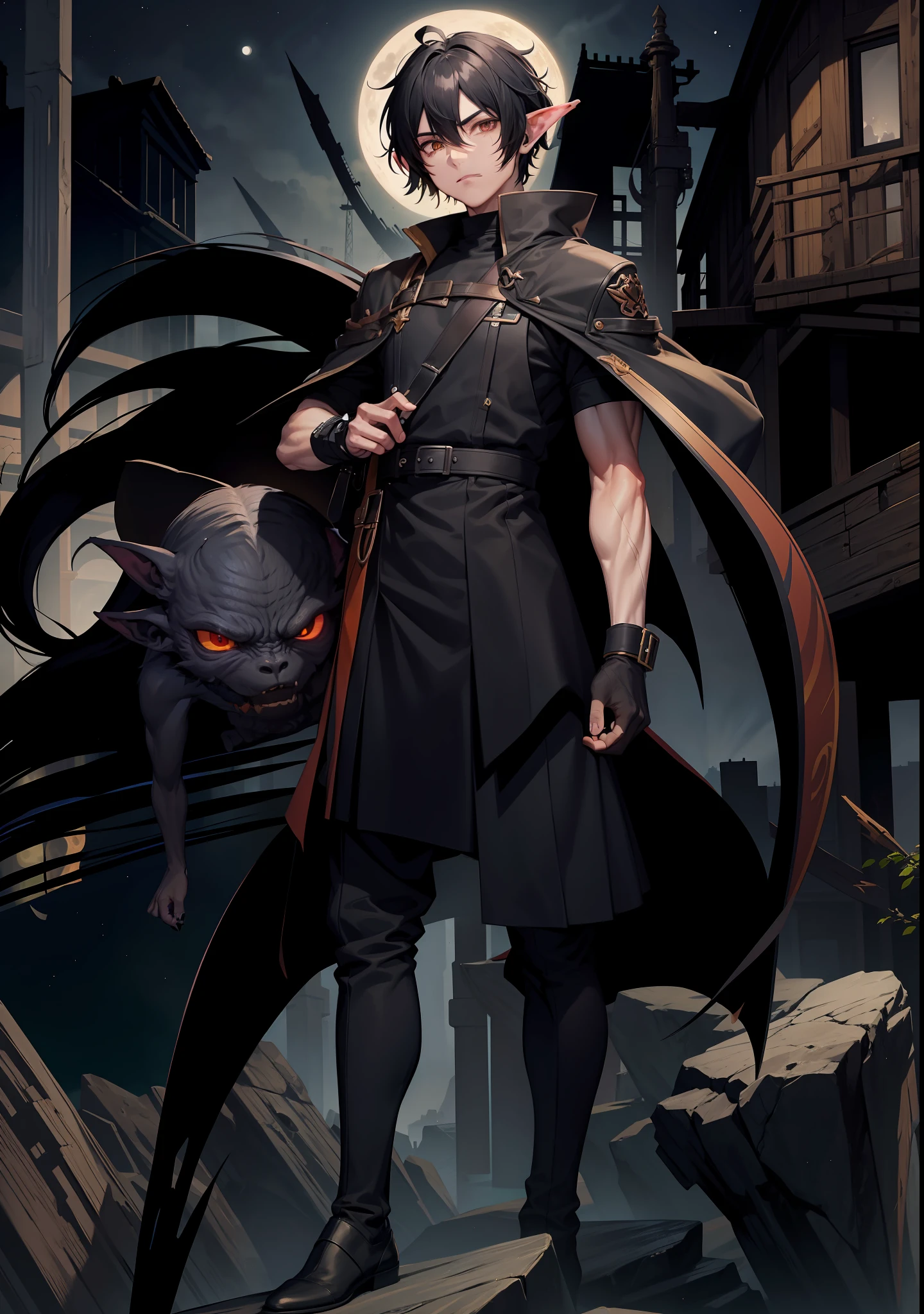 Male goblin, black hair, scenery with moons but with scar, Dingy.