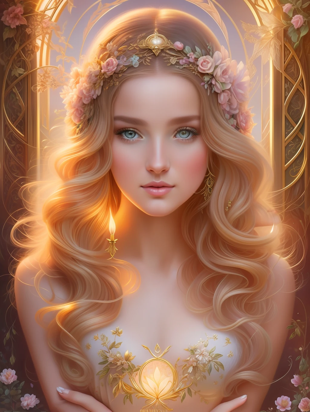 A botanical masterpiece in the style of Emile Vernon, detailed, hyper-realistic, elemets of symbolism and surrealism, a painting by mse an insanely beautiful woman by Emile Vernon, luminous design, pastel colours, gold, ink drips, autumn lights, intricate design, intertwined, perfect beautiful woman, flowers, pastel, gold.