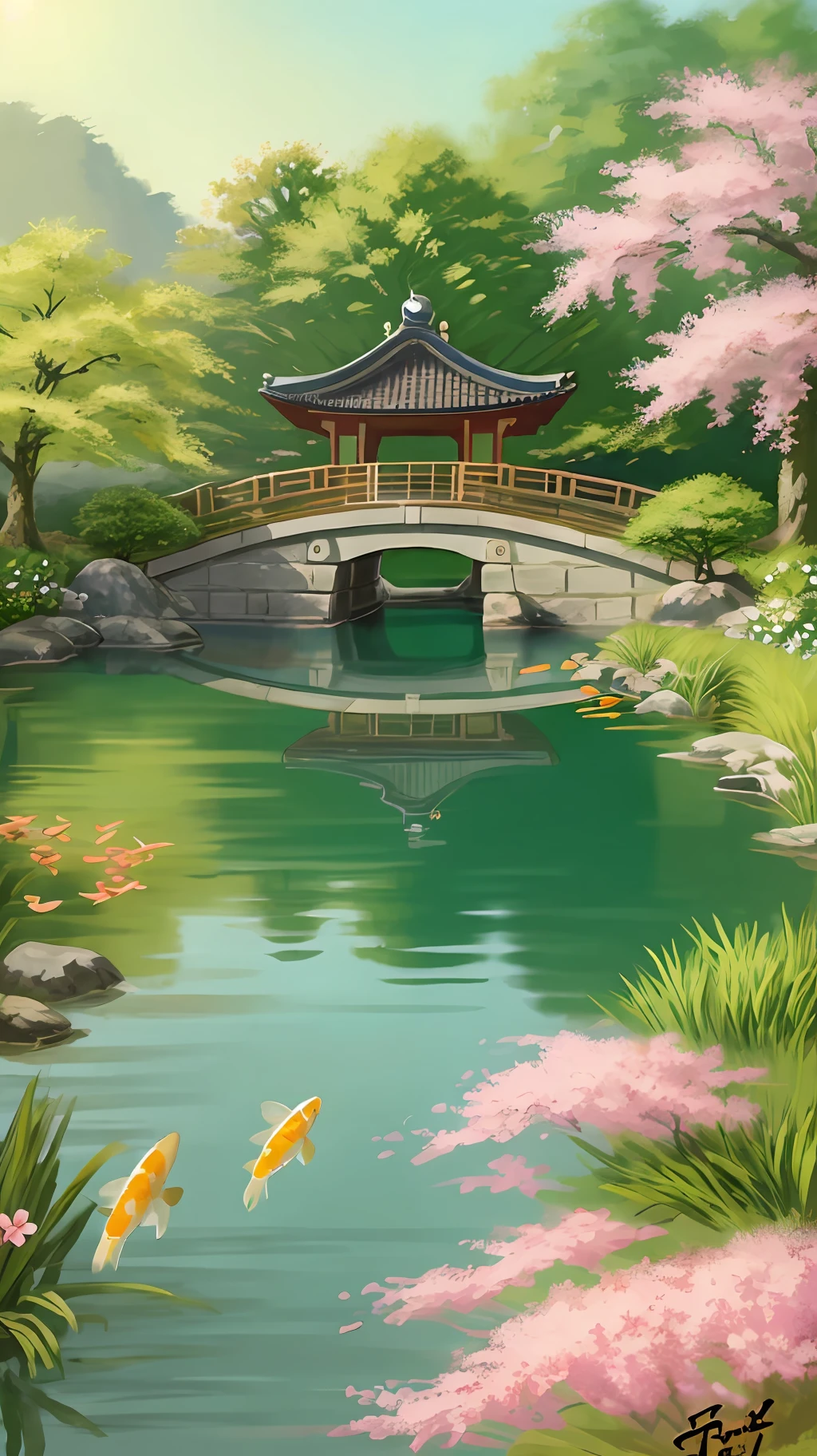 (digital painting),(best quality), (buildings:1.3), serene Japanese garden, cherry blossoms in full bloom, koi pond, footbridge, pagoda, Ukiyo-e art style, Hokusai inspiration, Deviant Art popular, 8k ultra-realistic, pastel color scheme, soft lighting, golden hour, tranquil atmosphere, landscape orientation