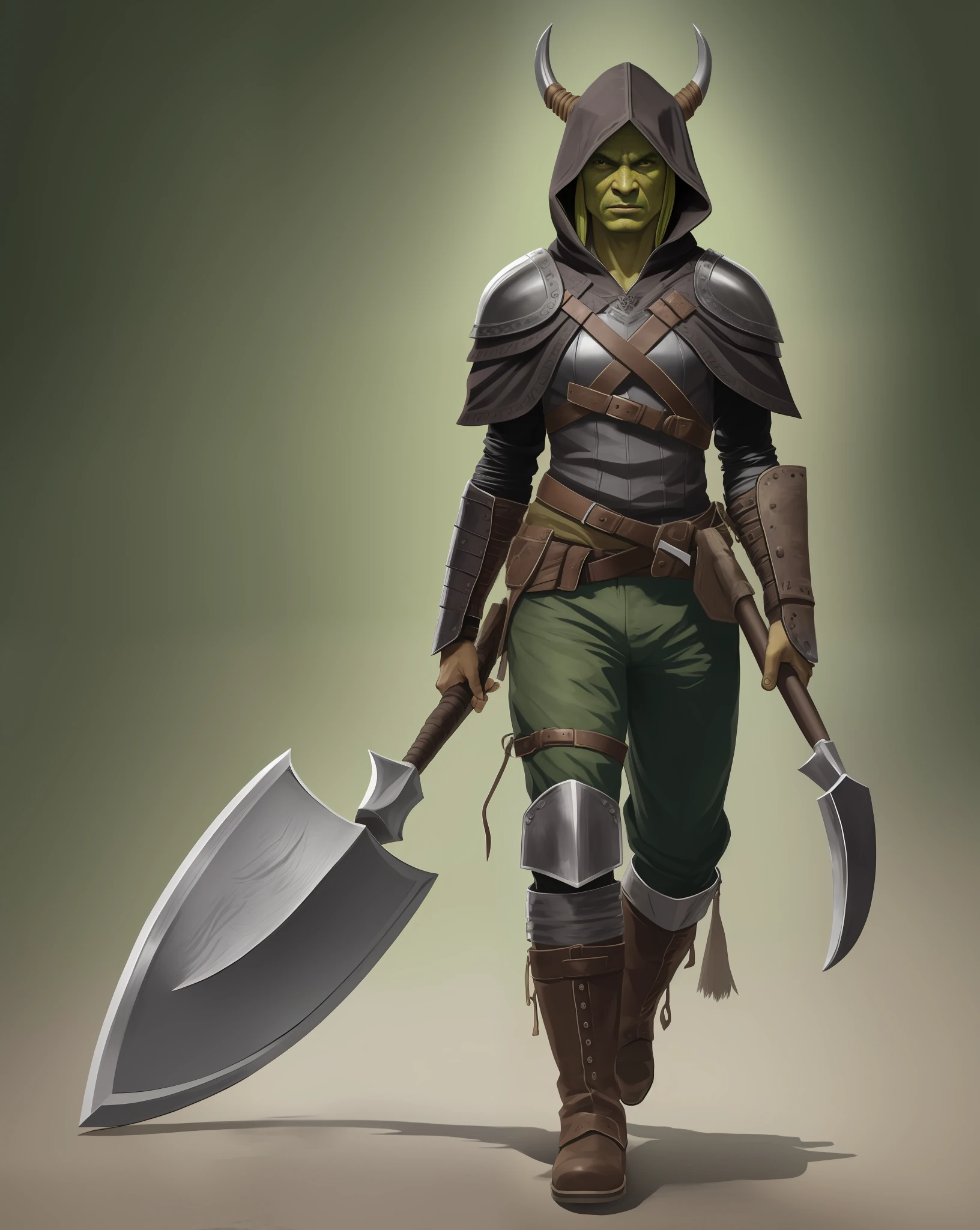 (highly detailed illustration:1.2), best quality, masterpiece, solo, full body, detailed face, detailed eyes, yellow eyes, walking upright, solid background, Leather armor, dark green cloak, hood up, green face, brown leather boots, female, female orc, orc, 1 person, medieval period, no background, holding axe, battle-axe, green skin, tusks, grey travelers pants, black shirt, tusks, one weapon