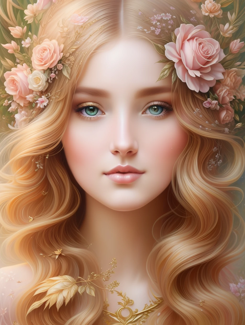 A botanical masterpiece in the style of Emile Vernon, detailed, hyper-realistic, elemets of symbolism and surrealism, a painting by mse an insanely beautiful woman by Emile Vernon, luminous design, pastel colours, gold, ink drips, autumn lights, intricate design, intertwined, perfect beautiful woman, flowers, pastel, gold.