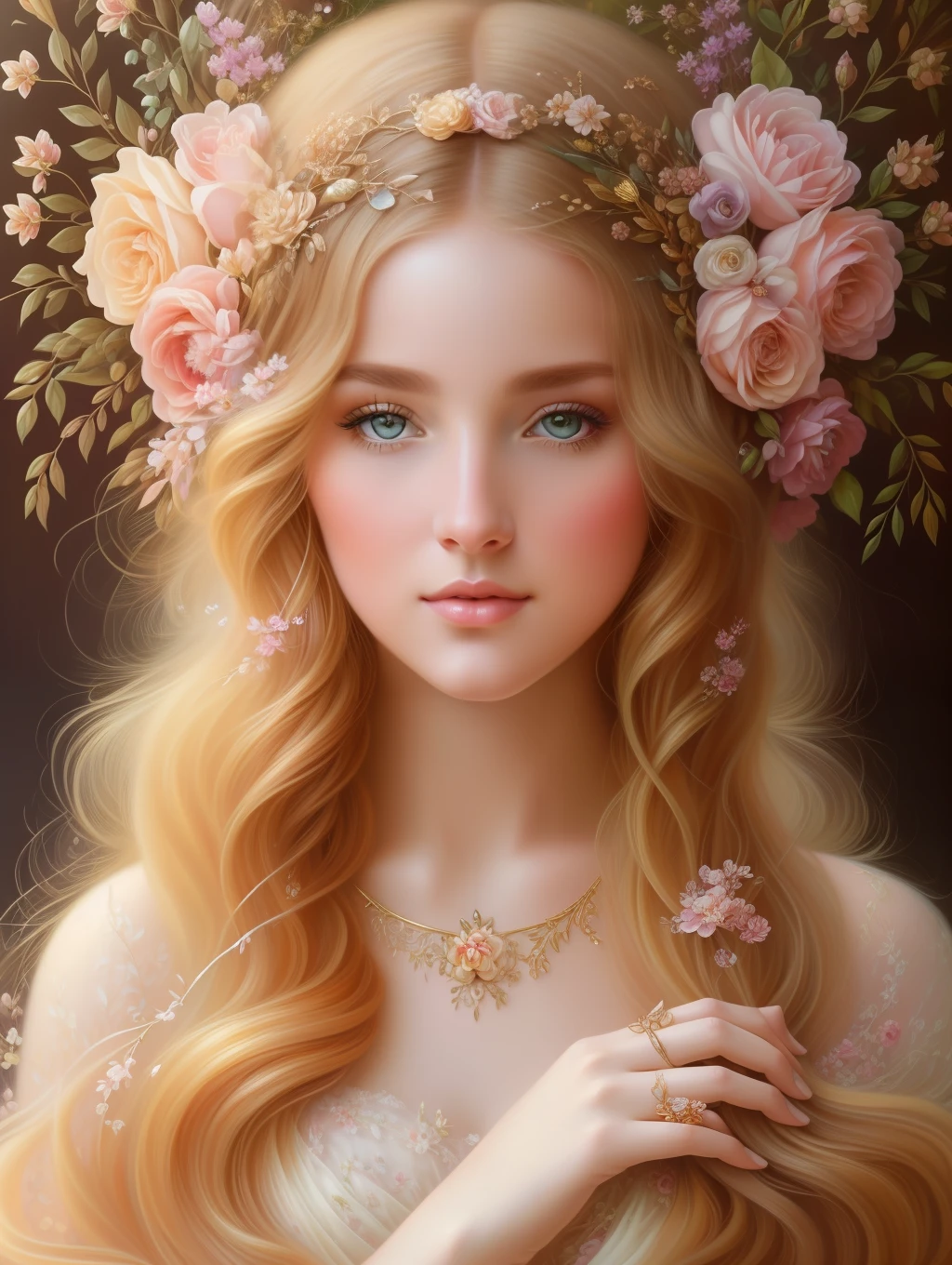 A botanical masterpiece in the style of Emile Vernon, detailed, hyper-realistic, elemets of symbolism and surrealism, a painting by mse an insanely beautiful woman by Emile Vernon, luminous design, pastel colours, gold, ink drips, autumn lights, intricate design, intertwined, perfect beautiful woman, flowers, pastel, gold.