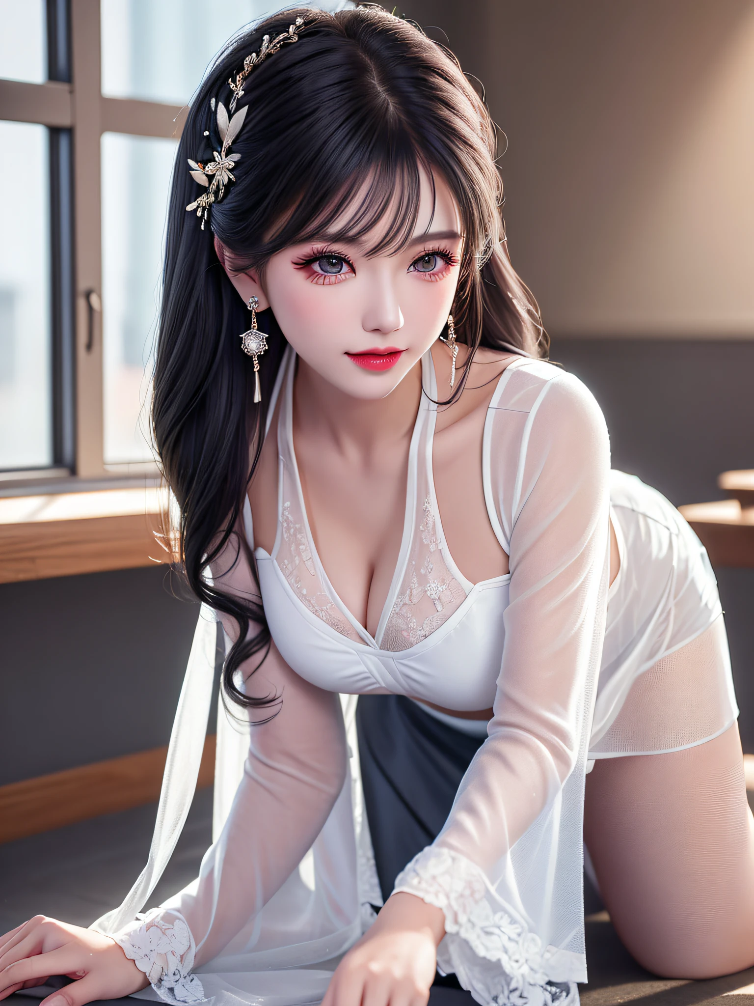 ((Female teacher on all fours in the classroom)), V6, Earrings, Full Body V6, (Long Gray Hair)), Looking, Superb, Ultra High Definition, RAW Photography, Realism 1.25), (Bright Lip Gloss, Long Eyelashes, Smooth) Face, Bright Skin, Natural Shadows, Wide Light, Wide Light, Depth of Field, Strong Colors, Subtle Caustics: 0.8), Smile, (Big), V6, Sexy ((White Sheer BlouseLooking, black, tight skirt, slit)), superb, black lace underwear, sexy pose, behind the woman there are windows showing various buildings in the city (absurdity, high resolution, super detail), (turn around (backwards)
