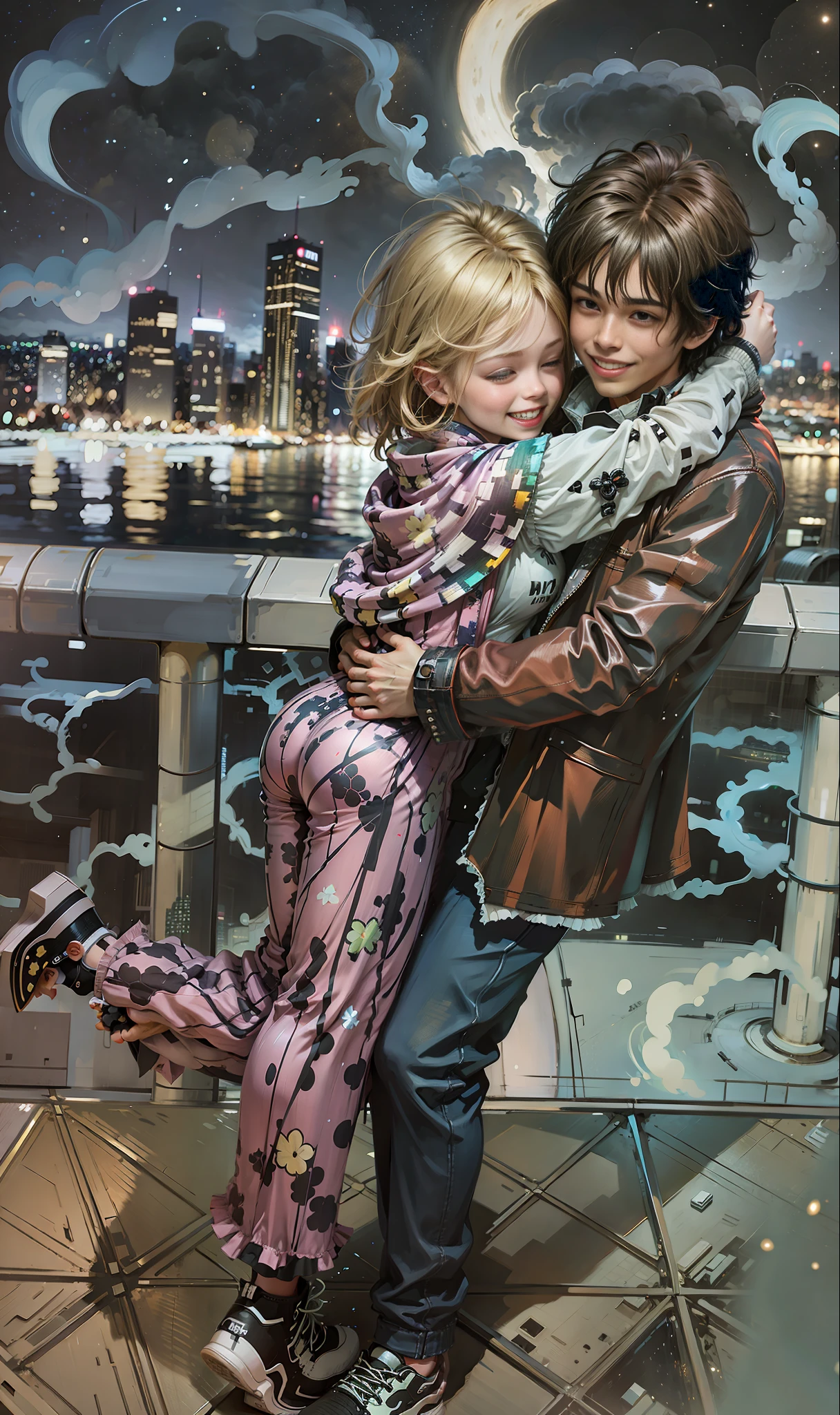 High quality, boy hugging girl smiling, happy, city night view ,,, 8K, realism, coloring, correct anatomy, perfect limbs, perfect fingers, background blur, ray tracing