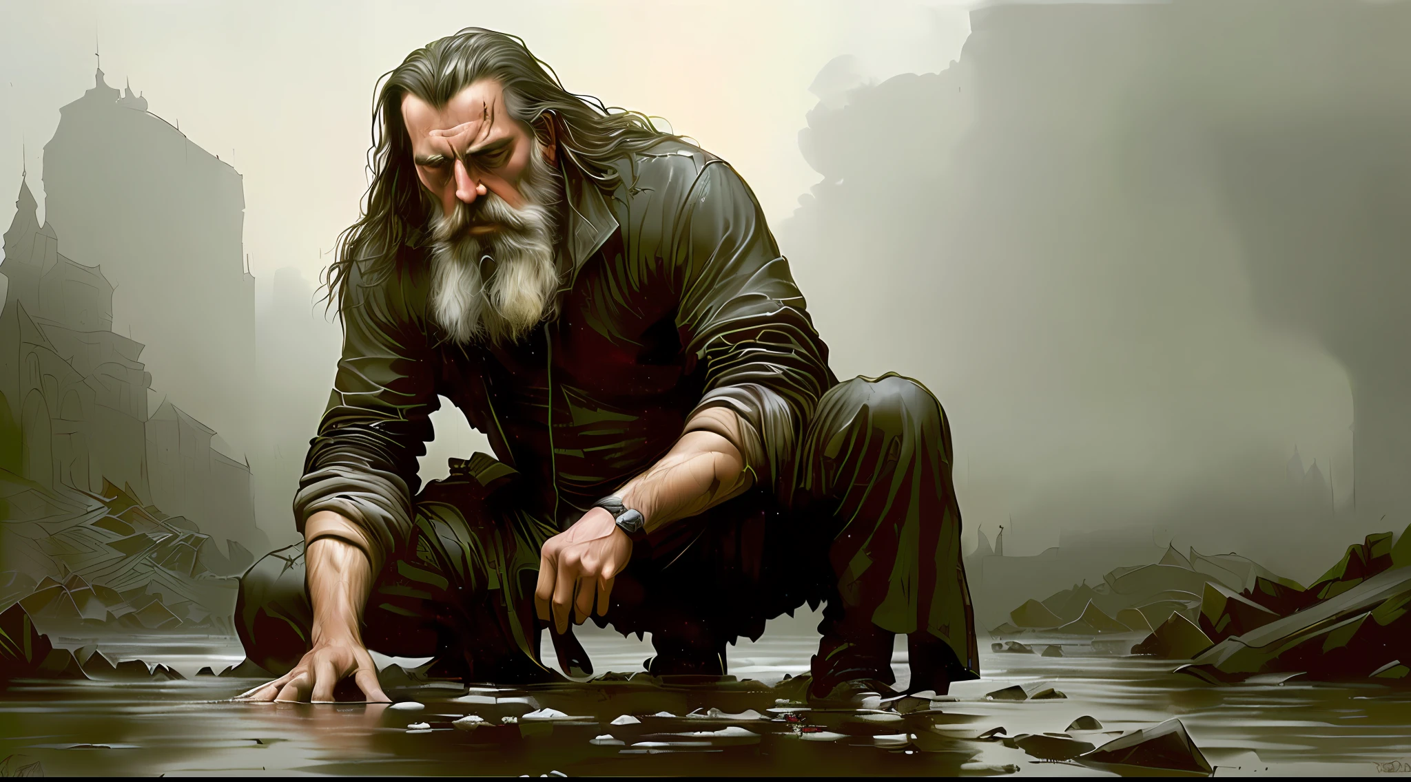 photo of the most beautiful artwork in the world featuring a bearded man appearing to be 45 years old, ((epic fantasy, skinny, skinny, wet, wounded hero, desolate look with long hair and long beard and sad appearance in a dynamic posture dying on the ground, fantastic location, majestic cluttered environment)), full body 8k unit rendering, action photo, skin pores, very dark lighting, heavy shadows, detailed and detailed face, (vibrant, realistic photo, realistic, dramatic, dark, sharp focus, 8k), (weather-damaged old and worn leather clothing: 1.4), (intricate: 1.4), decadent, (highly detailed: 1.4), digital painting, octane rendering, artstation, concept art, smooth, sharp focus, illustration, artgerm art, (loish: 0.23), wlop ilya kuvshinov, and Greg Rutkowski and Alphonse Mucha Gracias, (global lighting, gloomy environment, volumetric light), heavy rain, floating particles
