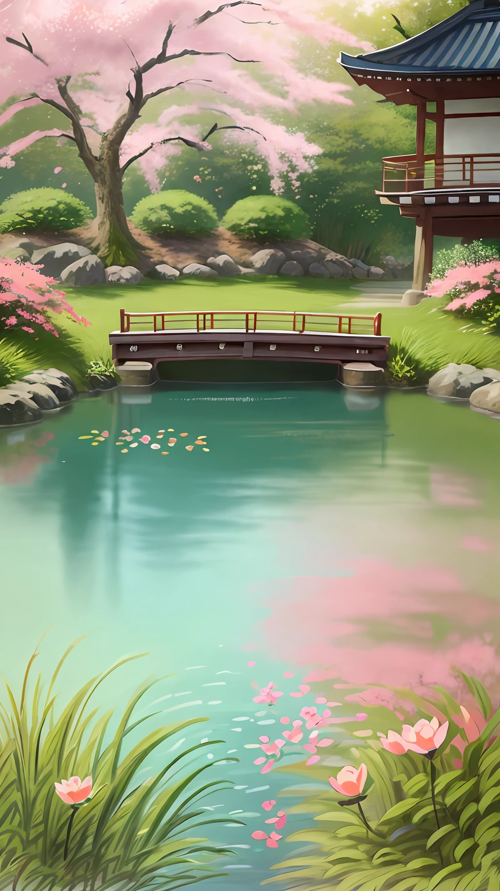 (digital painting),(best quality), (buildings:1.3), serene Japanese garden, cherry blossoms in full bloom, koi pond, footbridge, pagoda, Ukiyo-e art style, Hokusai inspiration, Deviant Art popular, 8k ultra-realistic, pastel color scheme, soft lighting, golden hour, tranquil atmosphere, landscape orientation