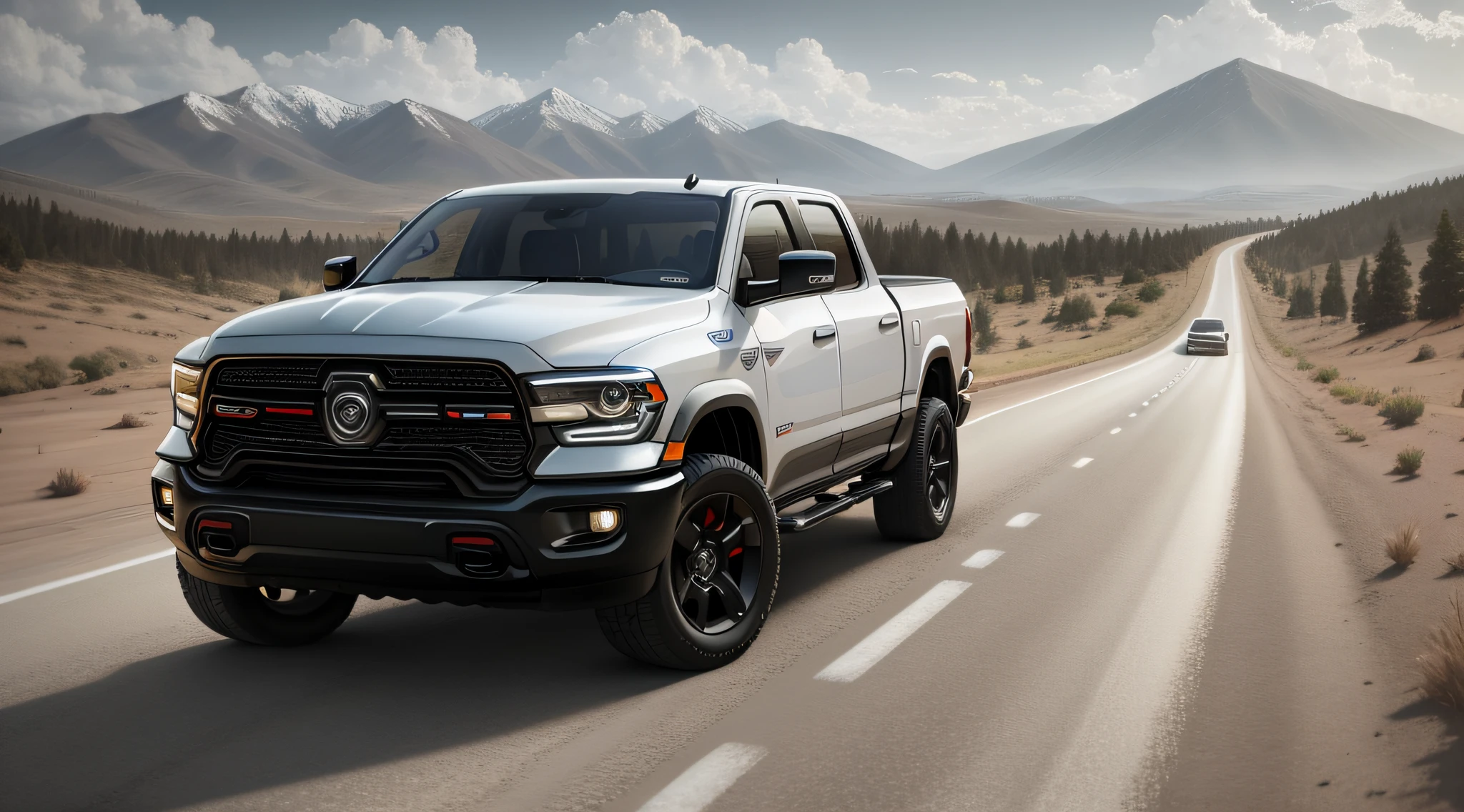 road car dodge ram 2022 silver color with red and black details, driving on a dirt road, spreading dirt and dust wherever it goes, background of a lush landscape of mountains and forests, with a clear sky full of clouds, Social realism, ray tracing, reflection light, cinematic lighting, jpeg artifacts, best quality, award winning, textured skin, 8k, 16k, high quality, high details