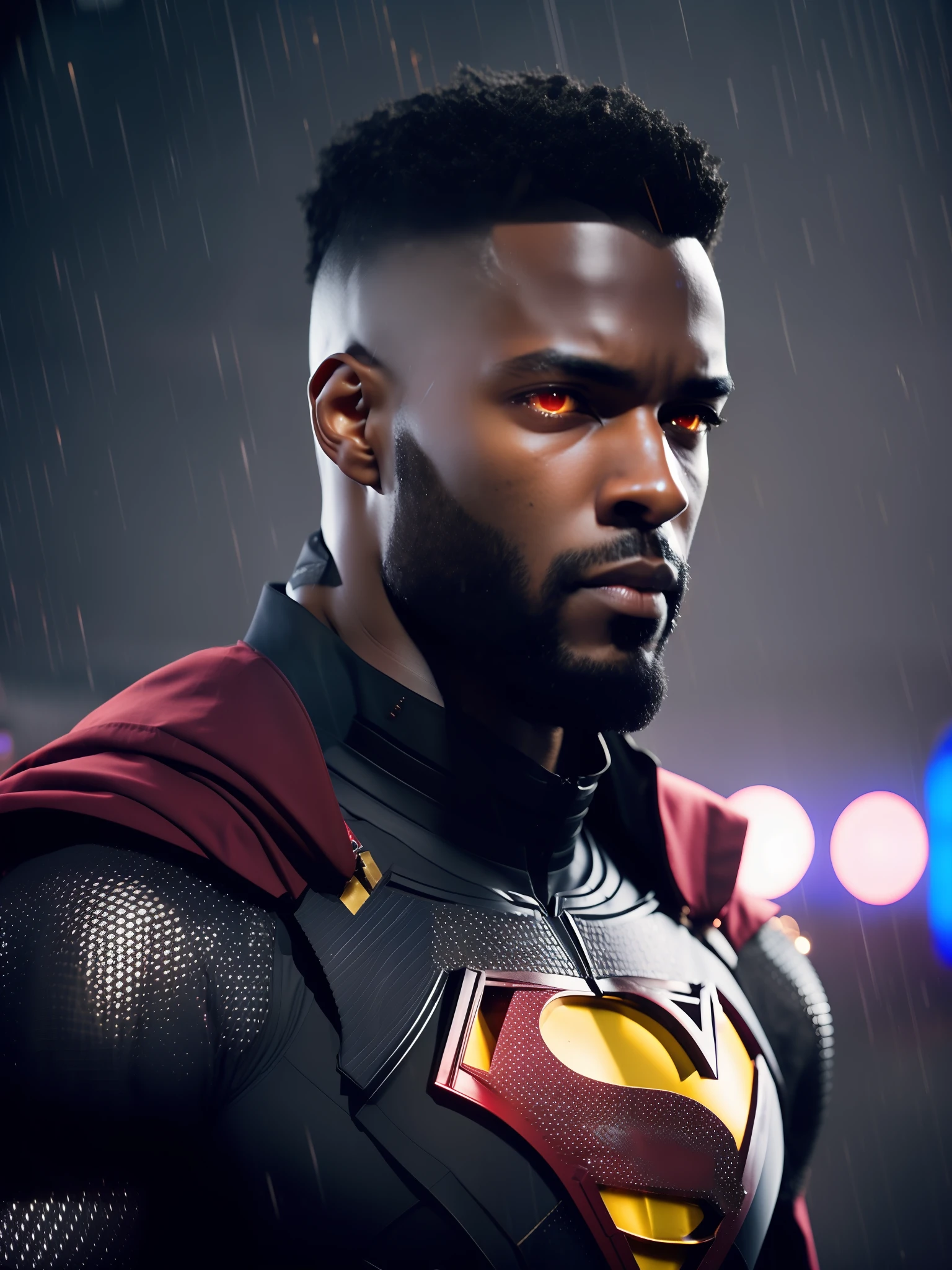 Superman award-winning photo of a man, black superhero suit, black cape, square jawline, asymmetric face, hair, big beard, in rain, angry, red eyes, purple light, 80mm, bokeh, mass effect, close up, fking_cinema_v2, 8k, cinematic