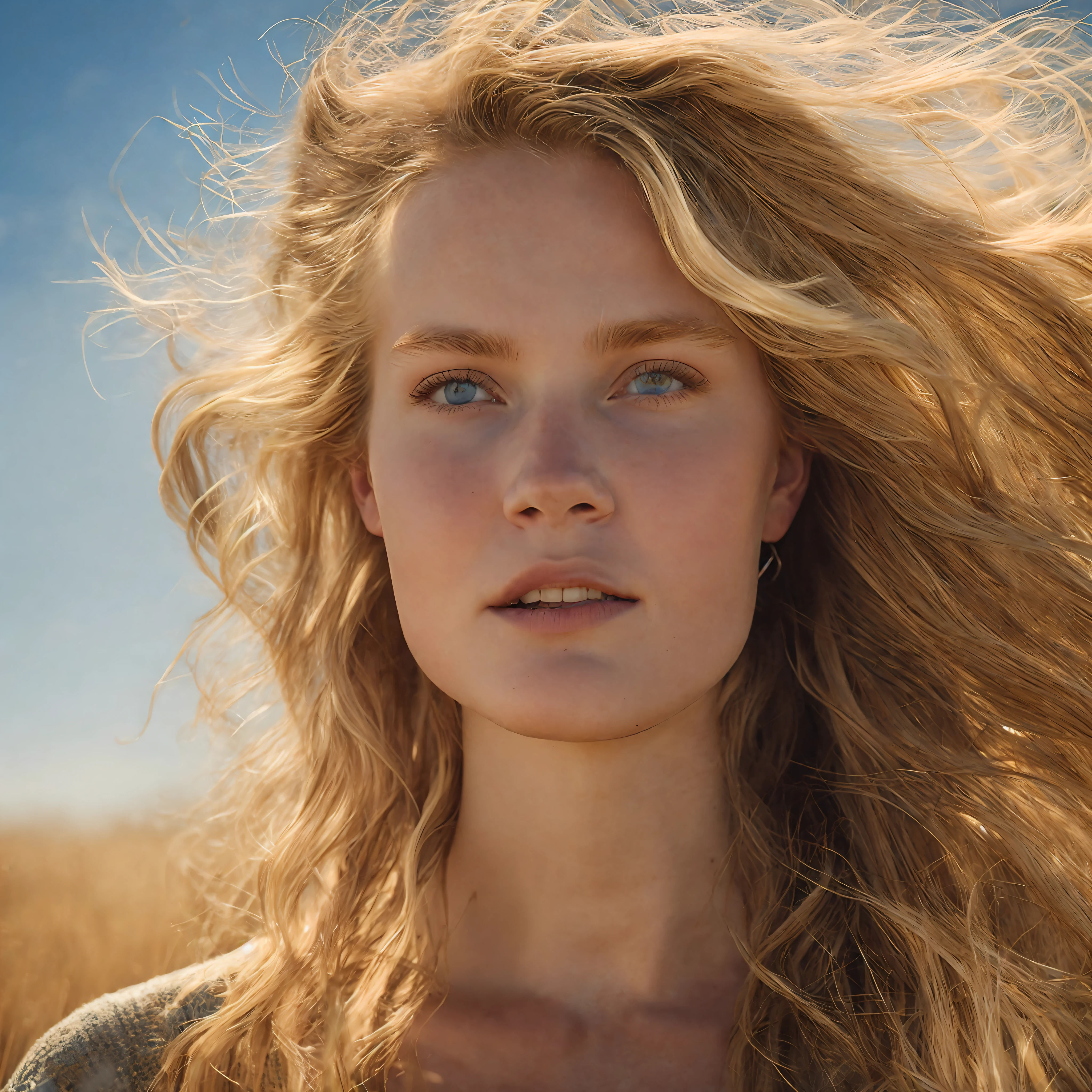 Ultra realistic, cinematic lighting, contrast, volumetric sunlight, intense sunbeam, dry grass, baron land, beautiful young women, blonde wavy hair, breeze, expressive face, having fun, baggy clothes, clear beautiful blue sky, warm tone, Photorealistic, artcore, Nikon d850 ,