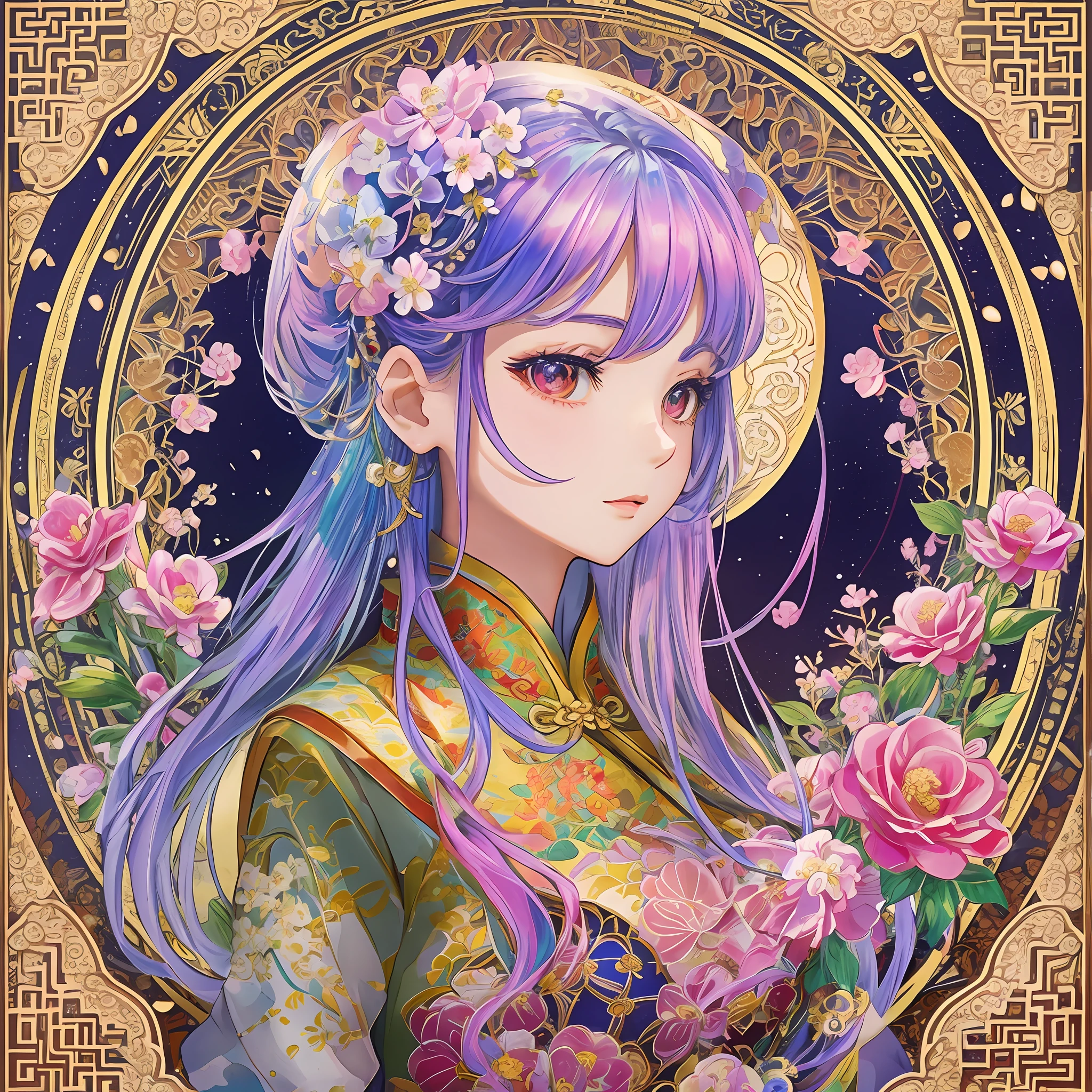 1 girl, masterpiece, top quality, beautiful and aesthetic: 1.2, fractal art: 1.3, jewels, detailed cheongsam, detailed and beautiful round frame, flowers, white, rainbow hair, beautiful girl fits within picture frame, background has gradient, Chinese style, flowers