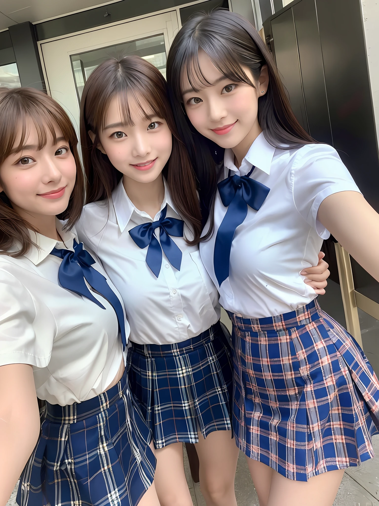 masterpiece, selfie shot, front view, three Japanese young pretty women, making a peace sign with big smile, standing on the street, glamorous figure, wearing a short sleeves white collared shirt with a plain shiny blue satin bow tie, wearing a blue tartan plaid long length skirt, wearing short length white socks, wearing leather black shoes, absolutely pretty face, glossy lips, double eyelids in both eyes, Natural makeup, long eyelashes, shiny smooth light brown hair of medium length, asymmetrical bangs, tanned skin, alone in the classroom, a textbook and a note on the desk, head frame, central image, 8K resolution, high detail, detailed hairstyle, Detailed Face, spectacular cinematic lighting, octane rendering, vibrant, hyper realistic, perfect limbs, perfect anatomy