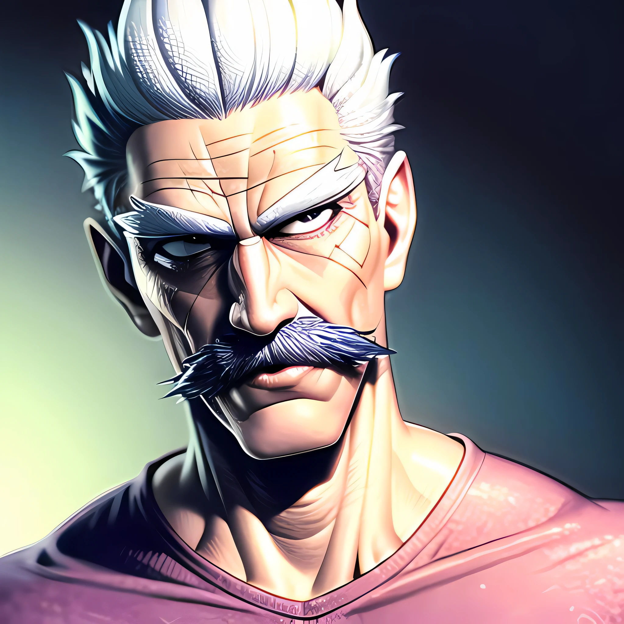 (masterpiece):1.6, best quality, (detailed face):1.2, sbang(one punch man), 1boy, solo, (white facial hair):1.2, (bald):1.7, old man, muscular, ((black eyes)), ((grey eyes)), (pink clothes):1:4, (persian clothing), ornate clothing, (white beard):1.2, old, scar, manly, long sleeves, mustache, old