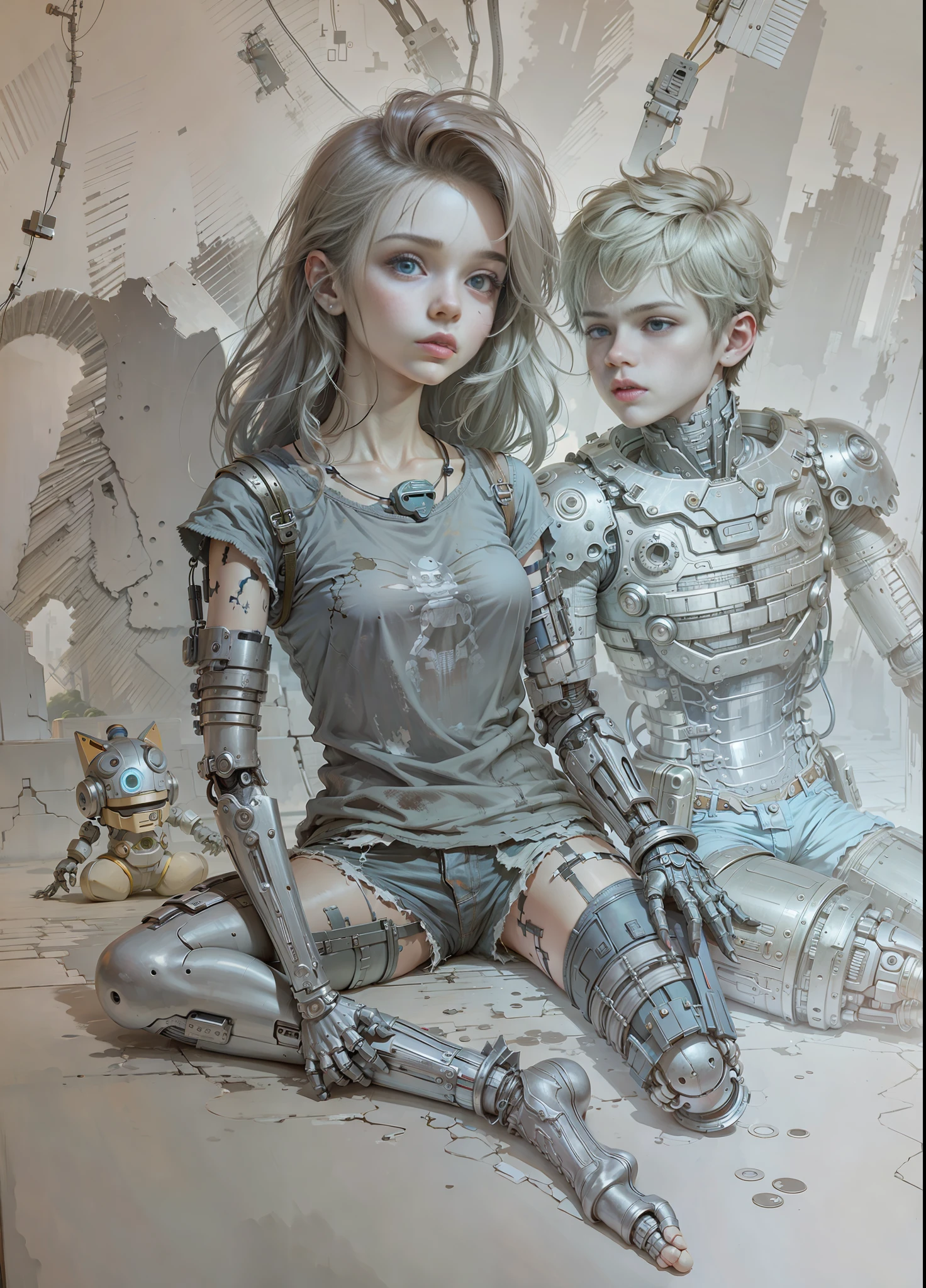 High quality, robot girl and boy, girl in t-shirt and denim shorts, boy without legs, sitting on ruins, 8K, realism, coloring, correct anatomy, perfect limbs, perfect fingers, background blur, ray tracing