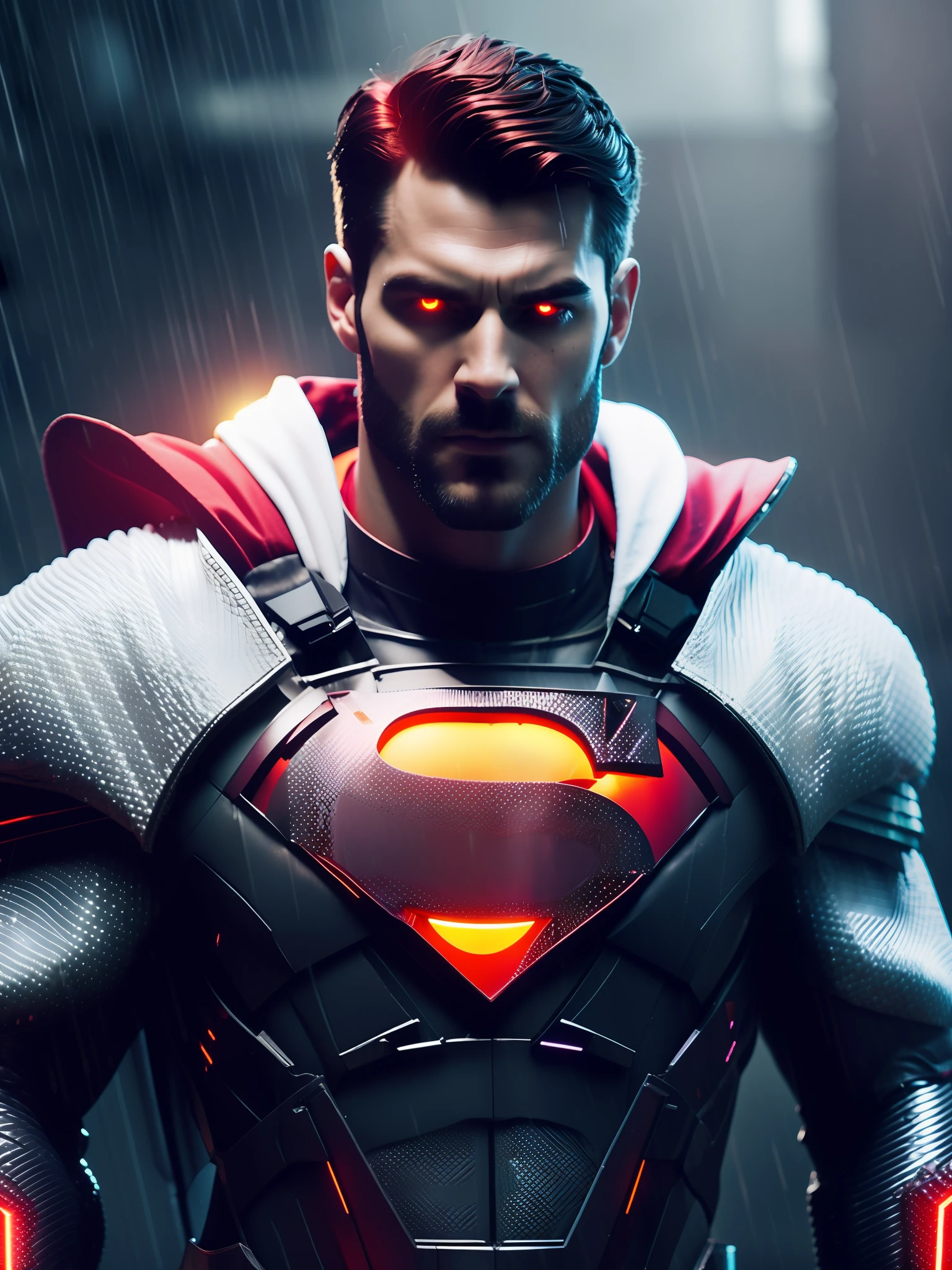 Evil Superman award-winning photo of a man, white superhero suit, square jawline, asymmetric face, white hair, white big beard, in rain, angry, red eyes, purple light, 80mm, bokeh, mass effect, close up, fking_cinema_v2, 8k, cinematic