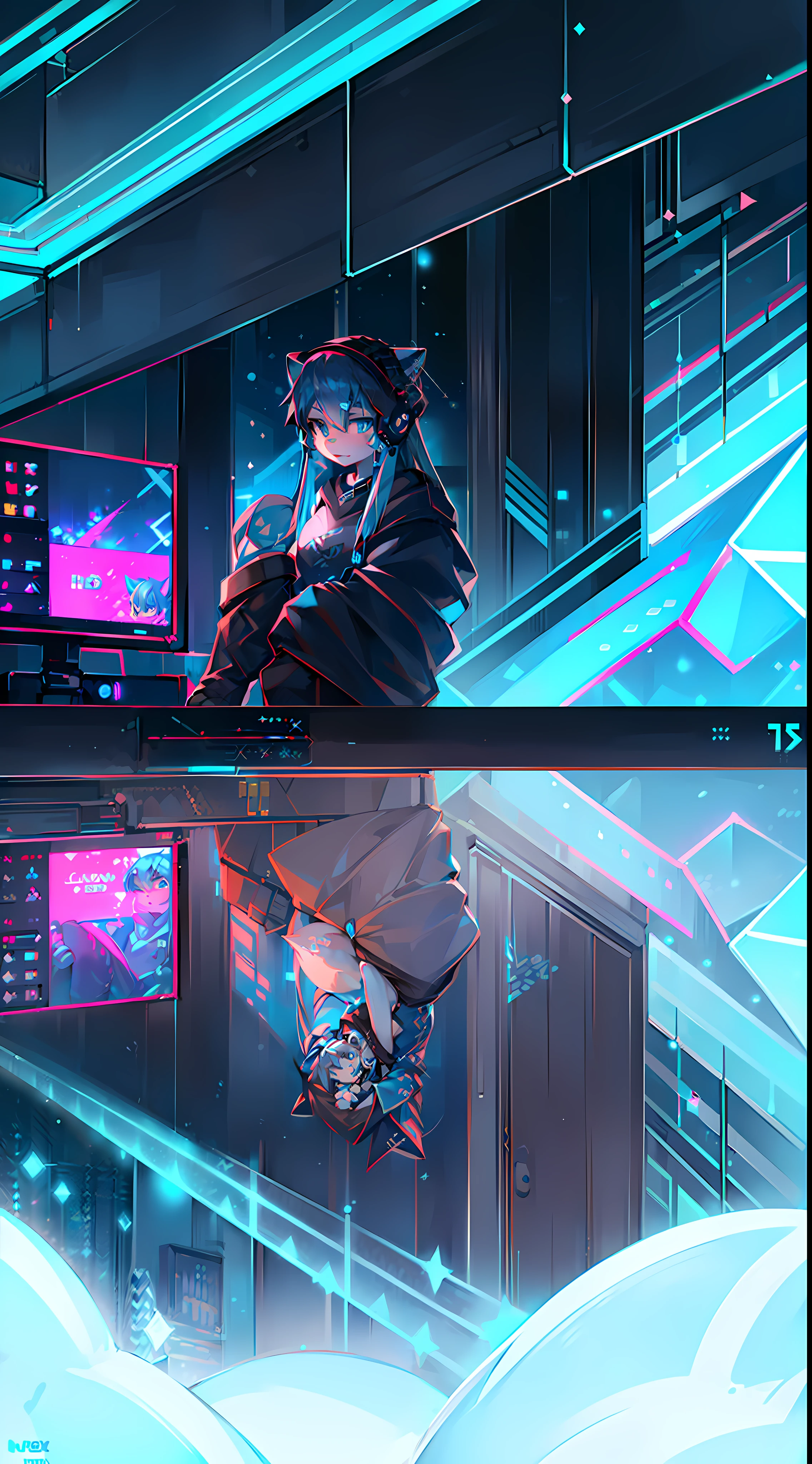 Snow fox, womb tattoo, Fox,((a blue eyes:1.55)), famous, headphone, long hair,(neon blue hair:1.51), Snow, (((Master Piece))), little girl, hoodie, pants, video game, play games,