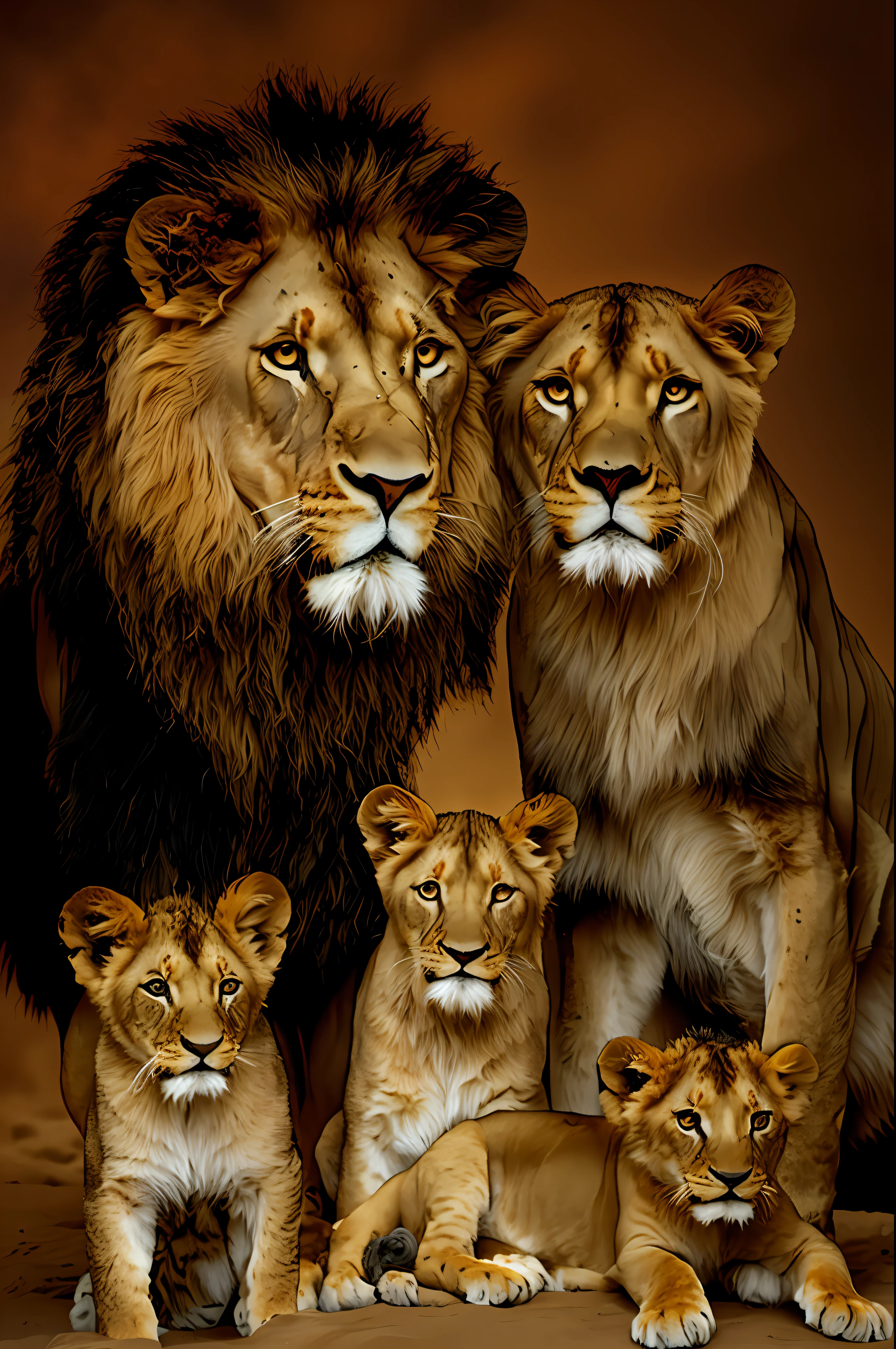 there are a lot of lions that are together, lions, family portrait, proud look, trend,, simba, mane, lion, family photo, lioness, wild animals, on black background, black background, fundonescuro, cave, stone cave, photo of a beautiful, majesty, cub, by Linda Sutton, by Micha Klein, by Scott M. Fischer, by László Balogh
