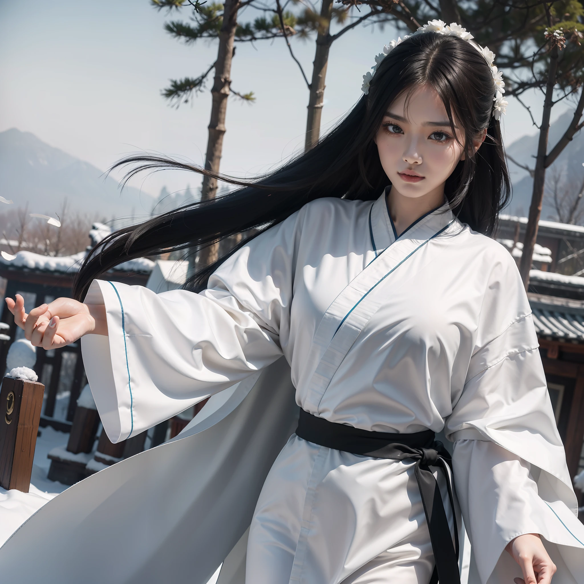 Beautiful Chinese woman with long black hair, wearing white Hanfu robe walking in heavy snow, looking at camera, close-up, delicate facial details, style influenced by ancient Chinese art, celebrity photography, Bigong, Gothic reference, photo realism, high-end - ar 3:2 - q 5 - v 5.1 - style raw - s 750, (extremely detailed CG Unity 8k wallpaper), (Front view: 1.2), (Karate hand: 1.2), (holding bamboo flute), (Kung Fu Master: 1.2), Mountain Top, (Sunlight through trees: 1.3), (Sunlight on the body: 1.3), Hair blown up and scattered by the wind, Standing, (Winter Mountain: 1.2), (Heavy Wind: 1.1), (Strong Wind: 1.5), (Strong Wind: 1.5), NSFW, (Eye Contact: 1.2), Anger, Front Hair Bangs, Intricate, High Detail, Sharp Focus, Dramatic, Photorealistic Art of Painting,