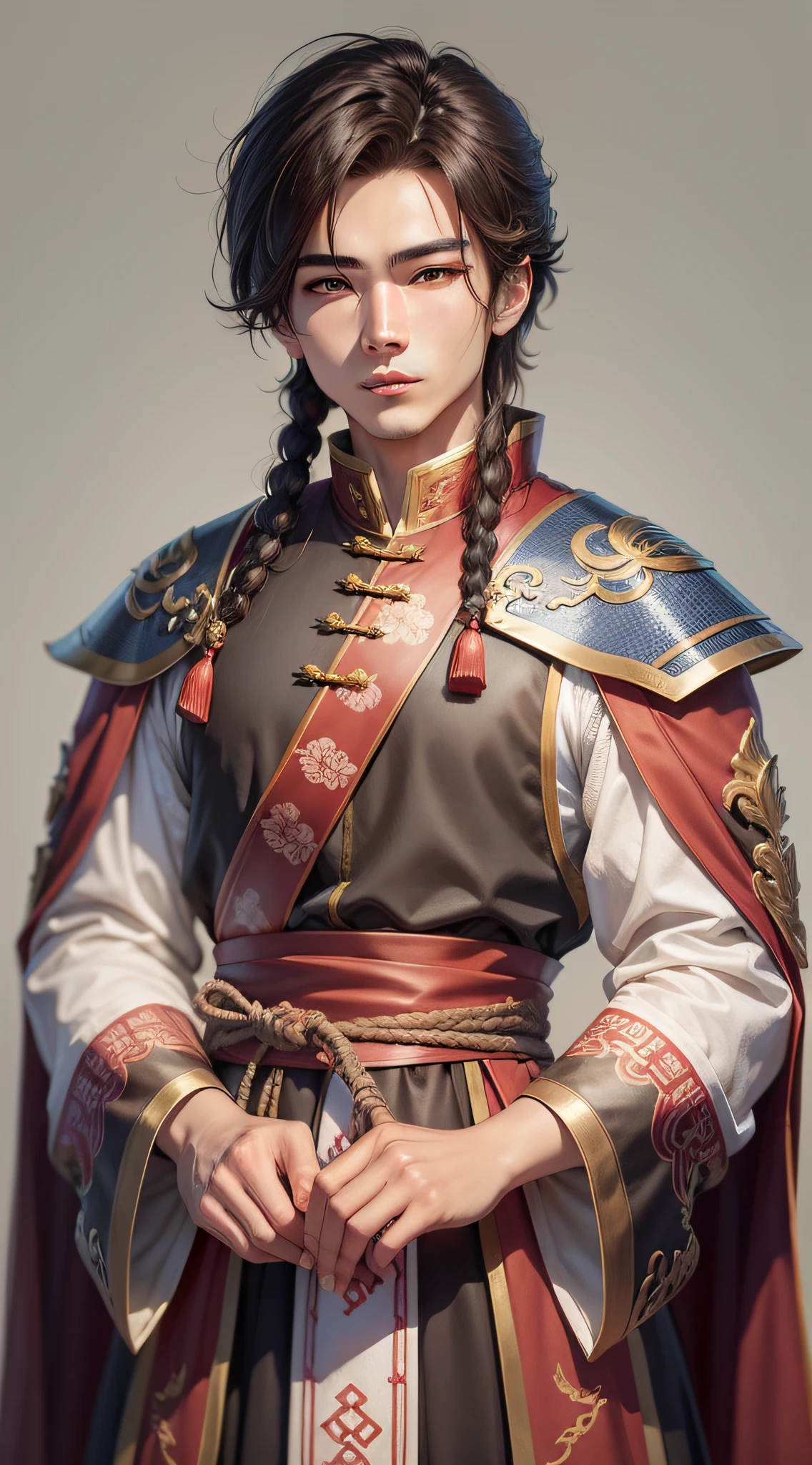 Create a young 20-year-old Chinese male character with medieval clothes, a touch of fantasy, with brown locks and modern cut.