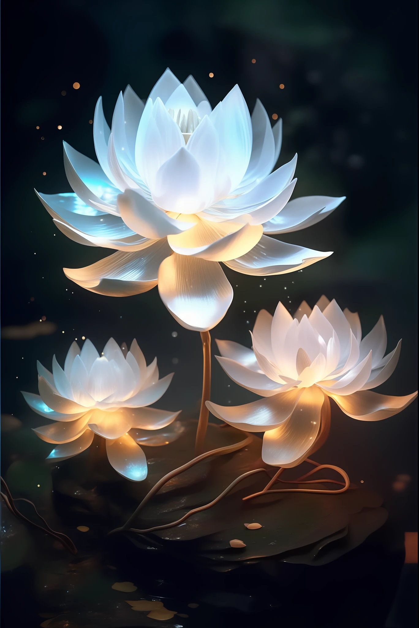 there are three white flowers that are sitting on a table, luminous flowers, magical flowers, glowing flowers, lotus flowers, glowing delicate flower, lotus flower, sitting on a lotus flower, with lotus flowers, lotuses, lotus, lights with bloom, ethereal!!! ultra realistic, ethereal beauty, lotus petals, beautiful lit, surreal waiizi flowers, light bloom --auto --s2