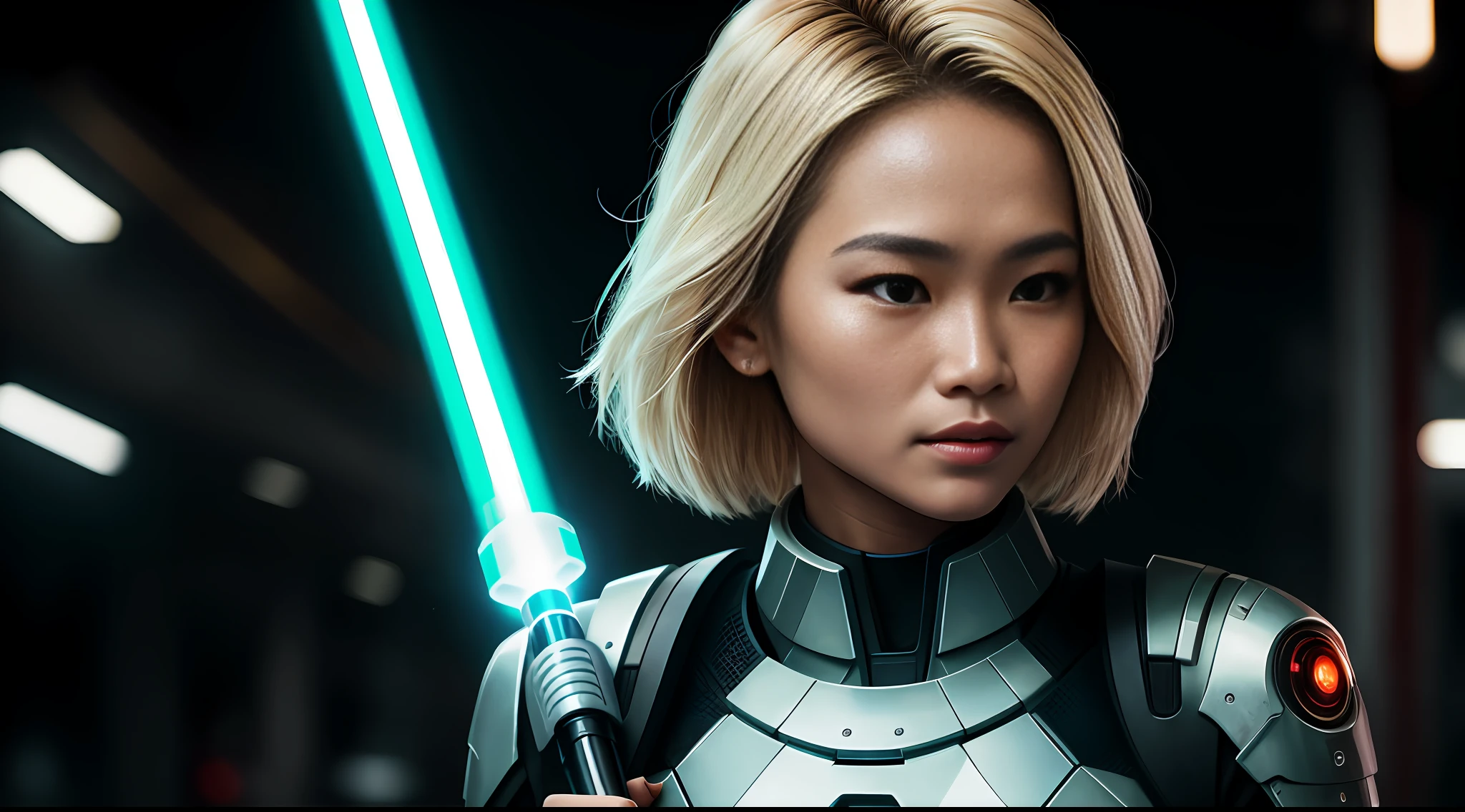 portrait photography, beautiful young thai woman is a jedi with lightsaber, blonde hair looking off camera in glowing futuristic jacket, super realistic face, eyes visible through hair, proper eye position, natural skin, soft light, rim light, hips, in road side, detailed background, intricate , highly detail, octane render, HD, 8k, by Annie Leibovitz,120mm