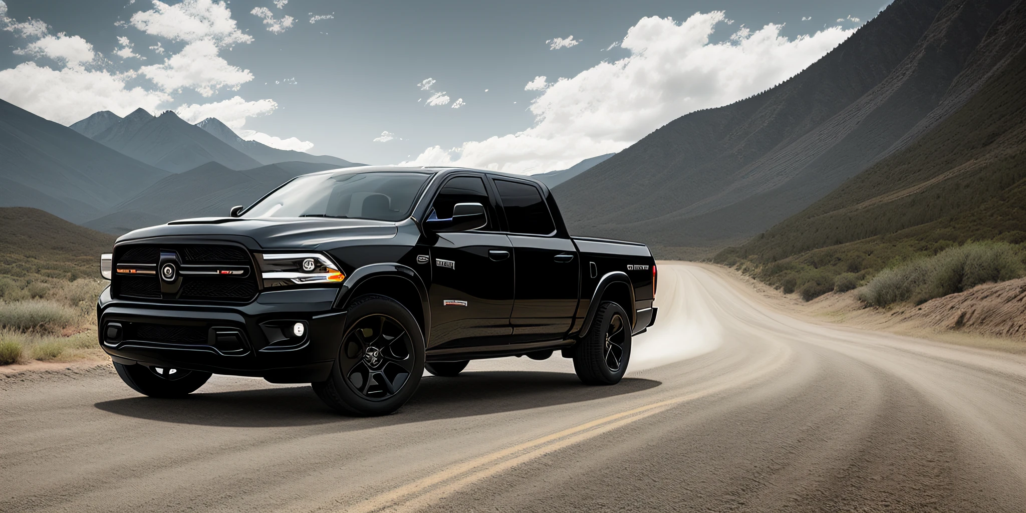 road car Dodge Ram 2022 black color with details in red and black, driving on a dirt road, spreading dirt and dust wherever it passes, background of a lush landscape of mountains and forests, with a clear sky full of clouds, social realism, ray tracing, reflective light, cinematic lighting, jpeg artifacts, best quality, award-winning,  textured leather, 8k, 16k, high quality, high details