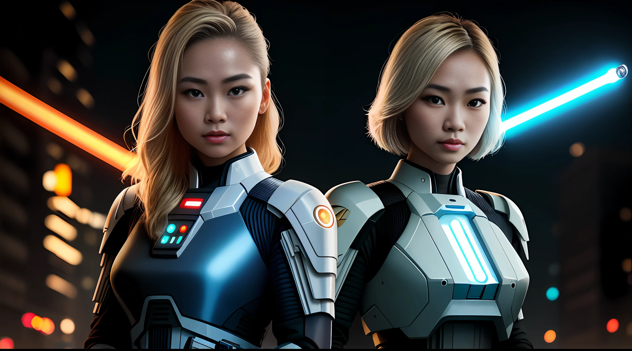 portrait photography, beautiful young thai woman is a jedi with lightsaber, blonde hair looking off camera in glowing futuristic jacket, super realistic face, eyes visible through hair, proper eye position, natural skin, soft light, rim light, hips, in road side, detailed background, intricate , highly detail, octane render, HD, 8k, by Annie Leibovitz,120mm