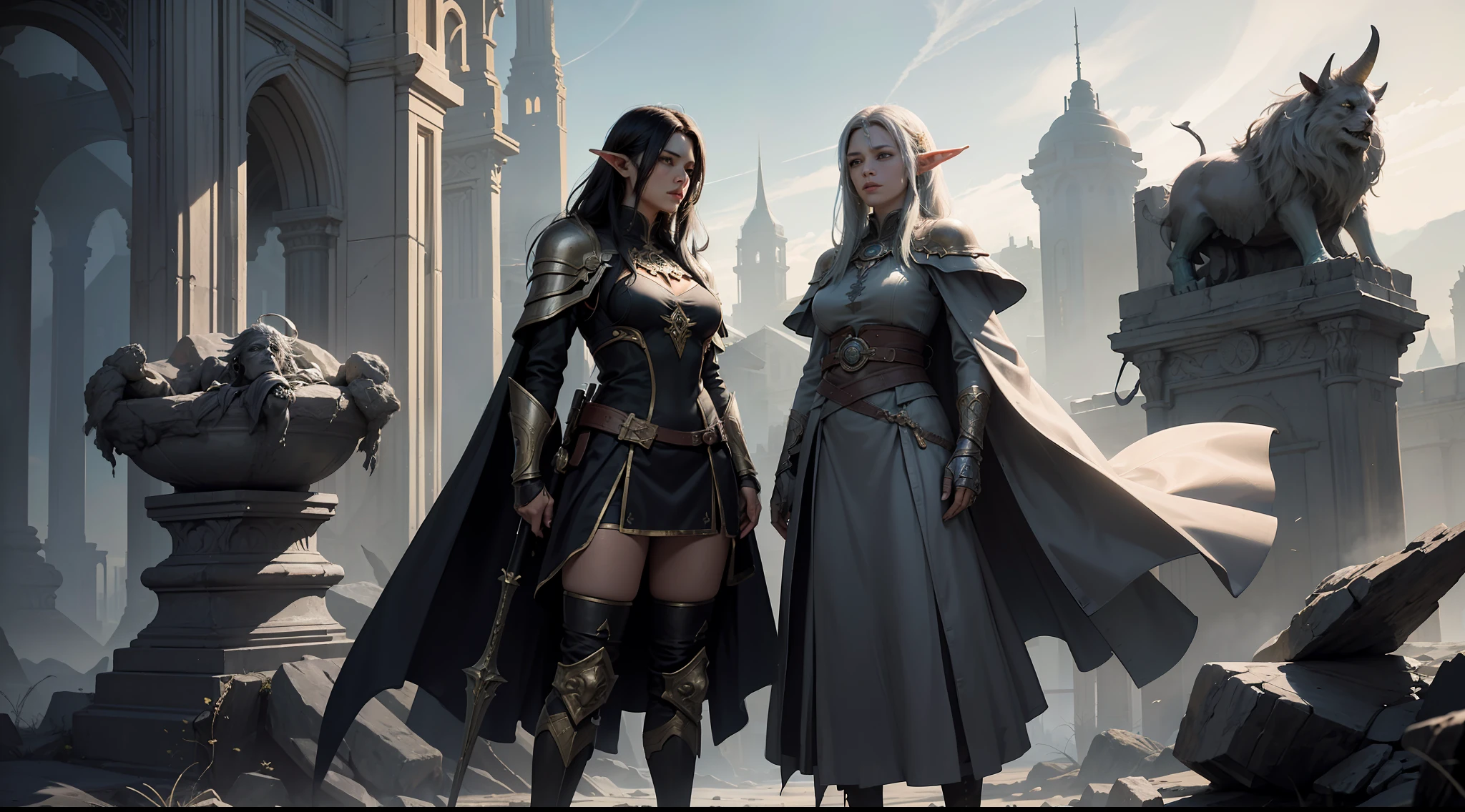 ((Best quality)), ((masterpiece)), (highly detailed:1.3)3D,tanjoreai , Amidst a realm of enchantment and mythical wonders, tales of (heroes:1.1) and (heroines:1.2) unfold. In this realm, ancient prophecies foretell the rise of a chosen champion destined to confront a malevolent force threatening to plunge the world into eternal darkness. The path to victory lies scattered across exotic and otherworldly landscapes, from mist-shrouded forests to towering crystalline peaks and (ethereal floating islands:1.1).Harnessing the arcane arts, (mighty wizards:1.1) conjure spells that weave intricate patterns of magic, while (elven archers:1.1) unleash arrows infused with ancient power. (Dwarven smiths craft legendary weapons:1.1) imbued with the essence of mythical creatures, capable of vanquishing even the most formidable foes.The heroes embark on a perilous quest, guided by ancient scrolls and cryptic riddles. Along their journey, they encounter wise mystics, shape-shifting creatures, and (mysterious sorceresses:1.1) who possess forbidden knowledge.As the heroes traverse the realms, ancient ruins and forgotten temples reveal long-lost secrets and powerful artifacts. The clash of steel and the crackling of (magical energies:1.1) echo through ancient battlegrounds, as the destiny of the world hangs in the balance. The heroes must summon unwavering courage, unwavering unity, and unlock their true potential to overcome seemingly insurmountable odds and fulfill their heroic destinies.In this realm of high fantasy, where the realms of magic and technology intertwine, where legends are born and (epic:1.2) sagas unfold, where heroes rise and villains fall, embark on a grand adventure that will captivate the imagination and transport you to a world where anything is possible,HDR (High Dynamic Range),Ray Tracing,NVIDIA RTX,Super-Resolution,Unreal 5,Subsurface scattering,PBR Texturing,Post-processing,Anisotropic Filtering,Depth-of-field,Maximum clarity and sharpness,Multi-layered textu
