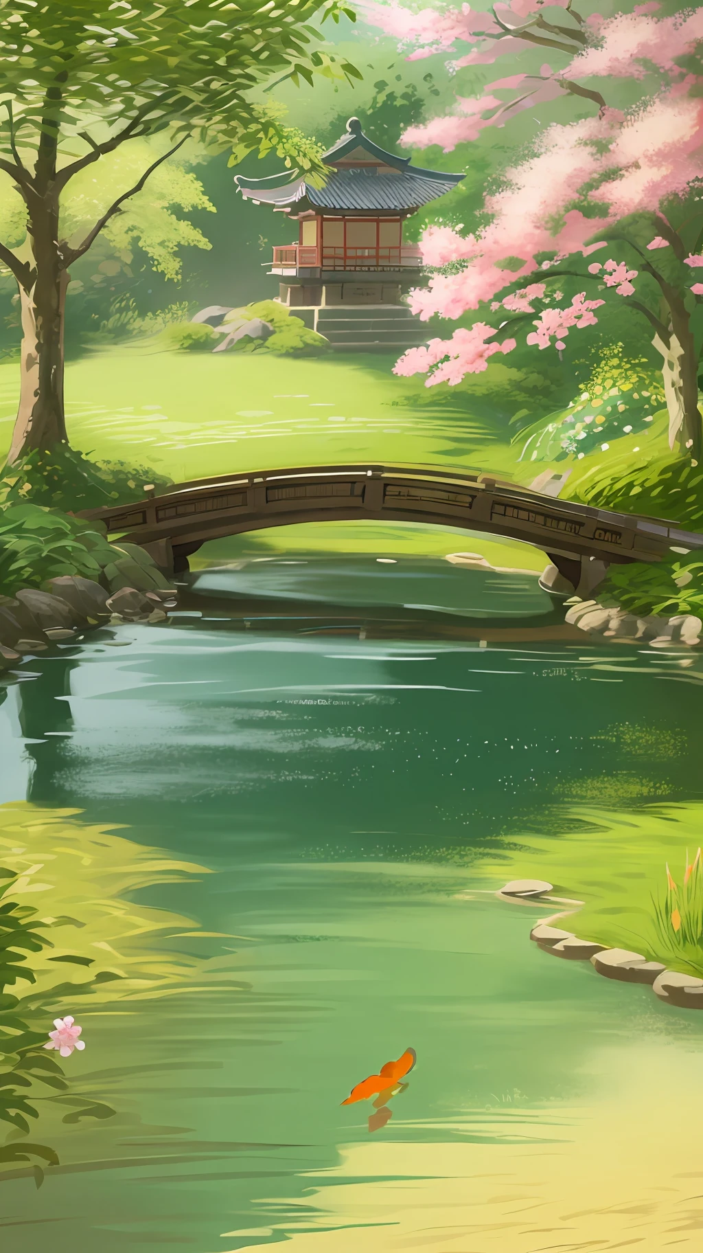 (digital painting),(best quality), (buildings:1.3), serene Japanese garden, cherry blossoms in full bloom, koi pond, footbridge, pagoda, Ukiyo-e art style, Hokusai inspiration, Deviant Art popular, 8k ultra-realistic, pastel color scheme, soft lighting, golden hour, tranquil atmosphere, landscape orientation