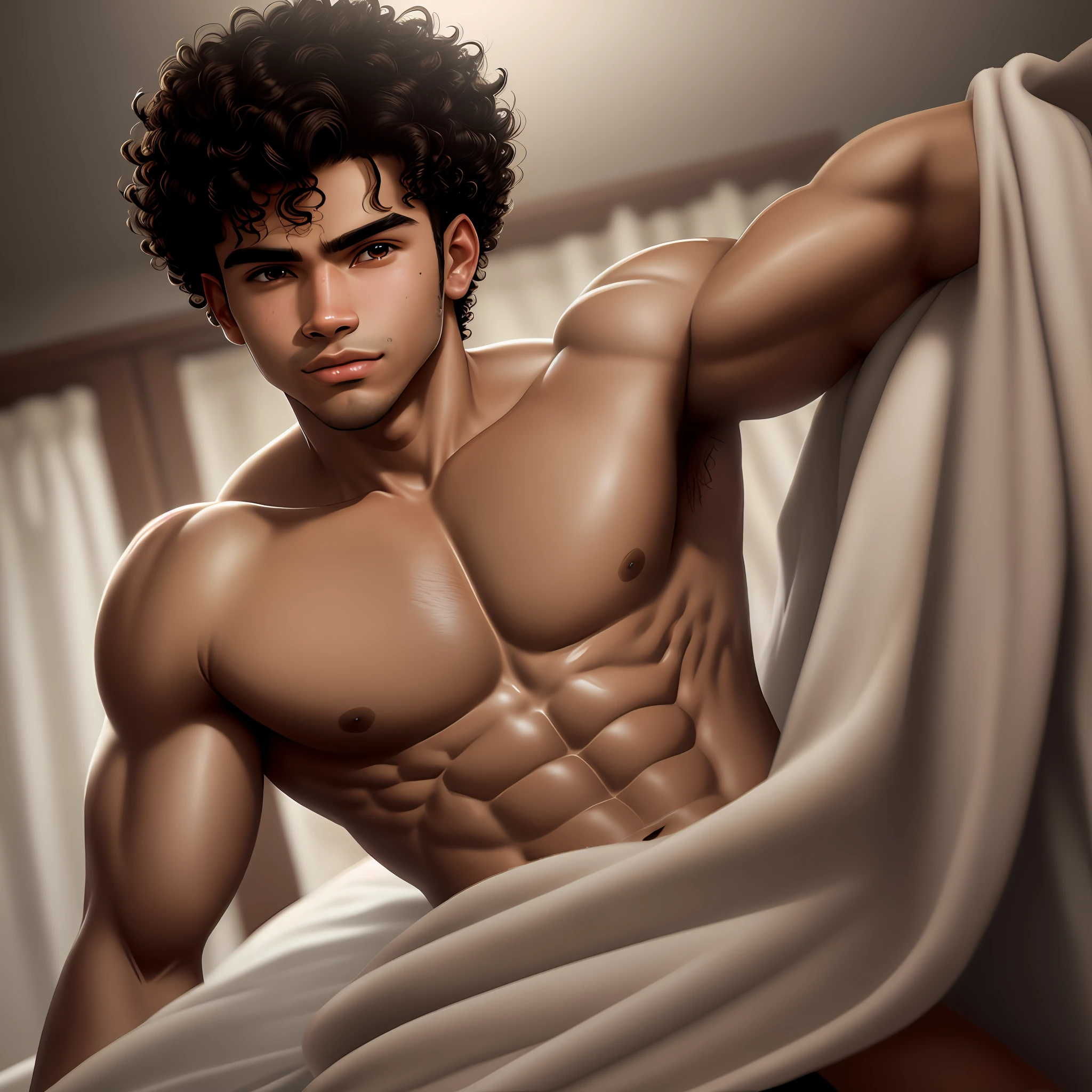 18-year-old Latin boy from Colombia, high resolution, realistic style, soft and warm lighting, close frame, blurred background, calm and relaxed, brown skin tone with polka dots, semi-naked, curly hair, some chest hair, large breasts, realistic and precise shadows, sharp and clear details, flirtatious and kinky facial expression, boyish, attractive and masculine, aggressive and rude pose,  black