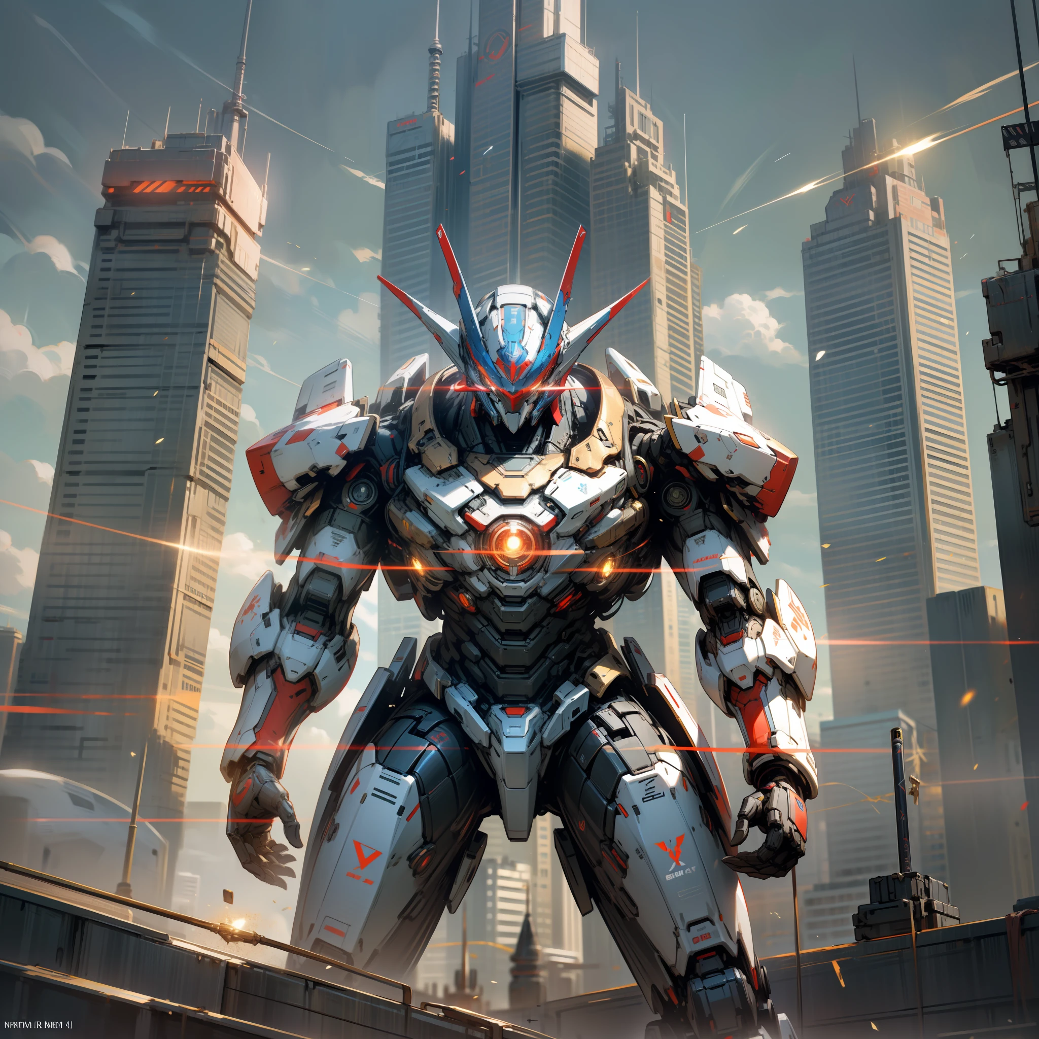Ultraman Mech, Red Rune Surrounding, Red Rune Floating, Dark_Fantasy, Cyberpunk, (Best Quality, Masterpiece), On the Moon, 1 Man, Mechanical Marvel, Robot Presence, Cybernetics Guardian, City, Highest Quality, Stunning Art, Wallpaper 4K, Highly Detailed, Military Robot, Army, Warzone, Black and White Red, Highest Quality Digital Art, Wallpaper 4K, 8K, 64K, HD, Unbeatable Masterpiece, Dynamic Lighting, Movie, Epic, Damaged mechanical parts, glowing gold in the eyes, hand-held weapons, --auto --s2