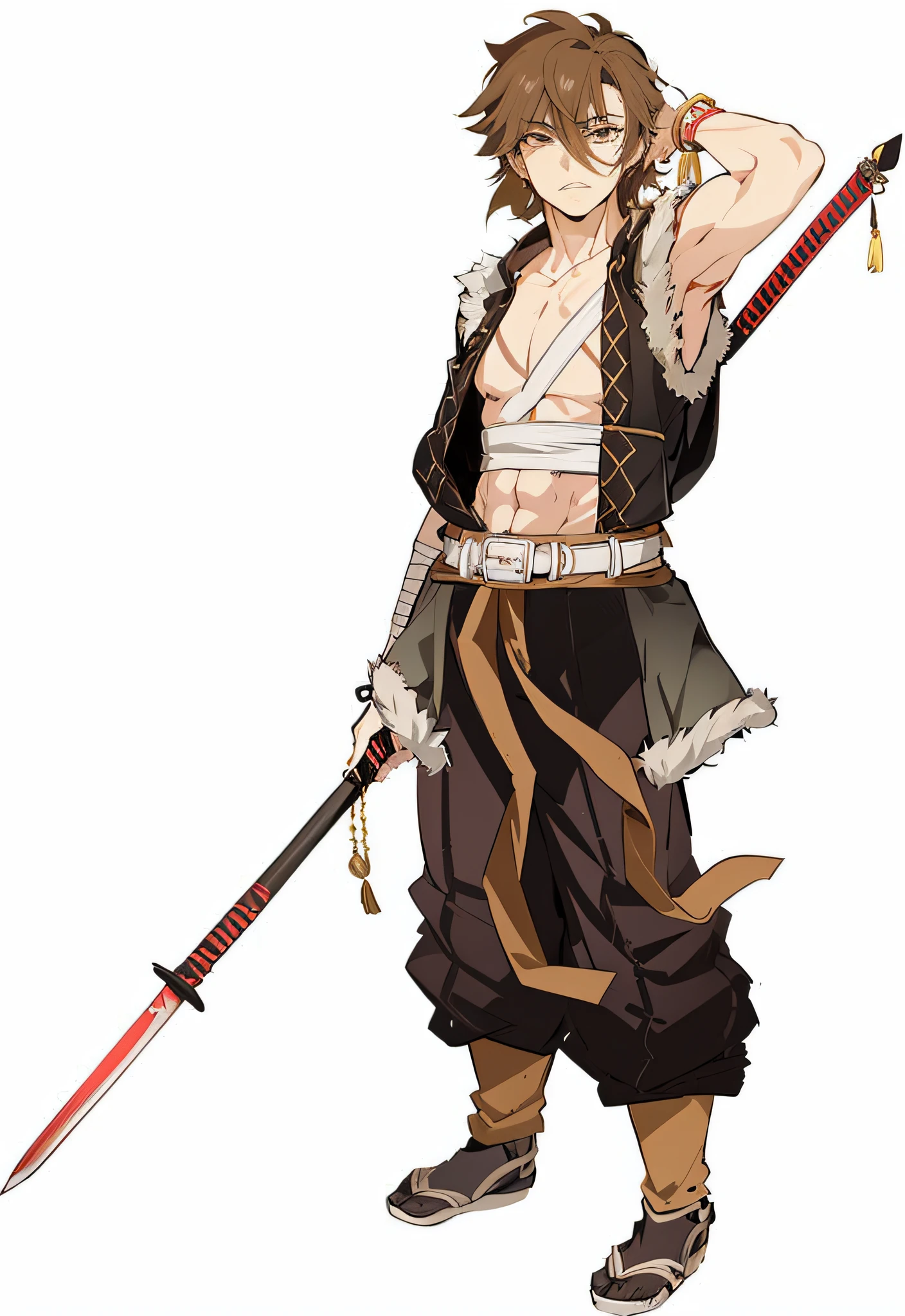 a cartoon image of a man with a sword and a sword, akiyuki shinbou, shikanosuke yagaki, handsome guy in demon slayer art, male anime character, best anime character design, anime character, jrpg character, okata kazuto, official character art, fox nobushi holding a naginata, tsurumaki kazuya --auto --s2