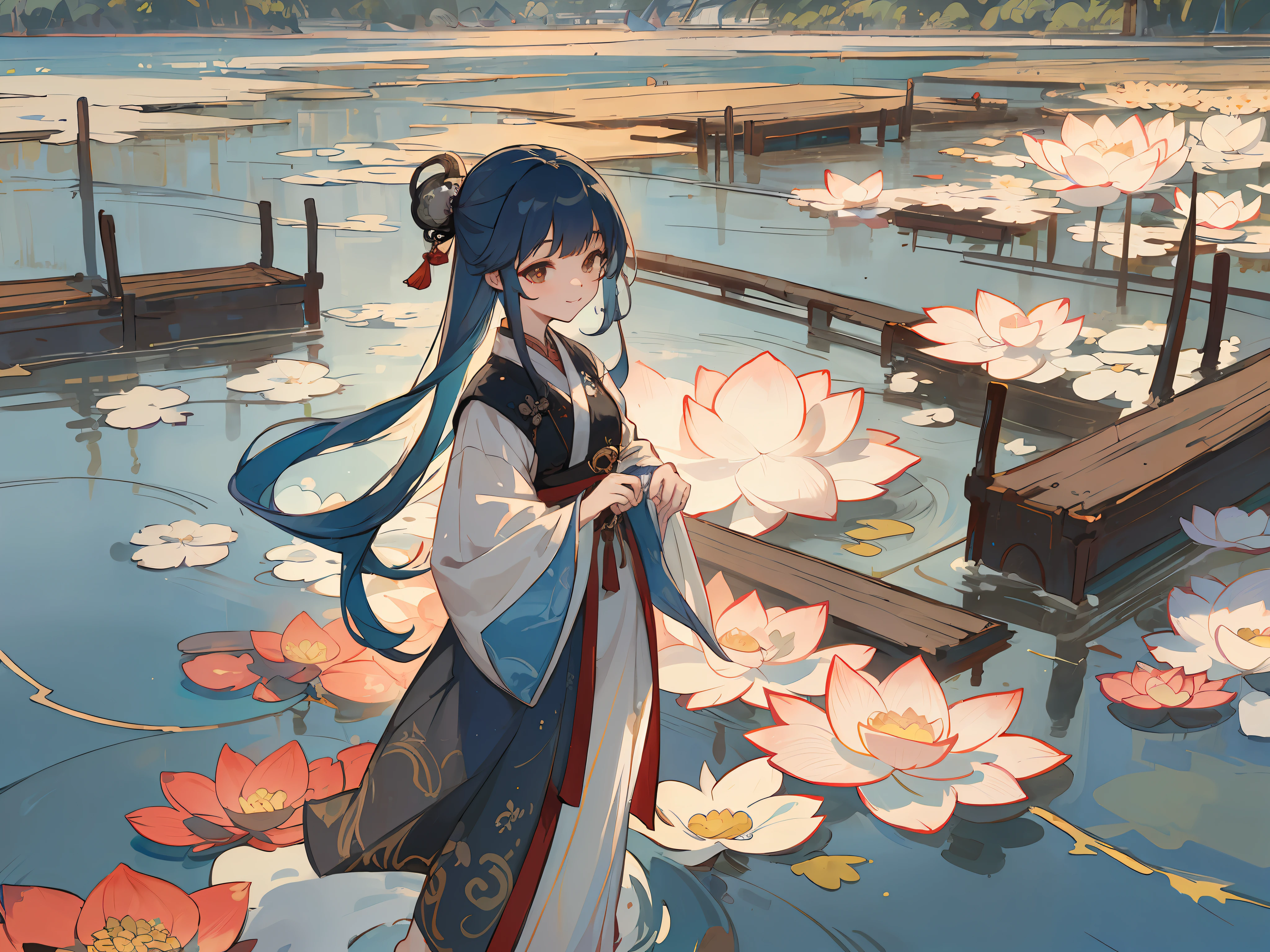 ((4k,masterpiece,best quality)), shuimobysim, traditional chinese ink painting, lotus, hanfu, maxiskit, dress conservatively 1girl, solo, long blue hair, smile, standing, feet in the water, barefoot,
