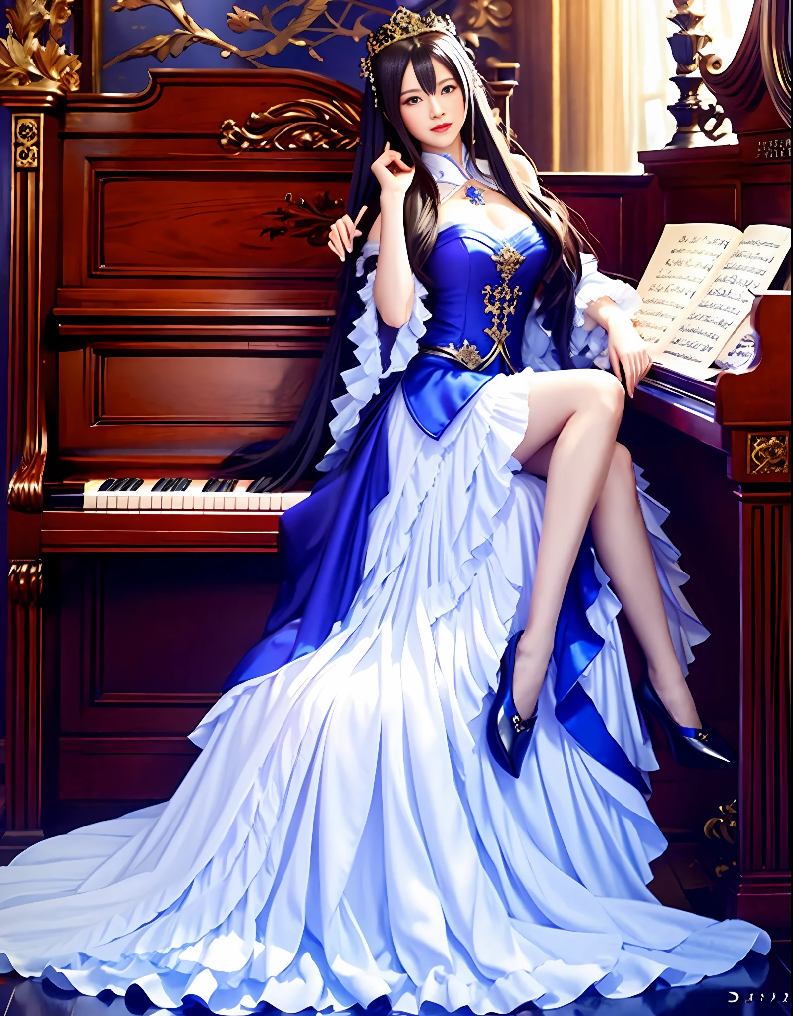 Girl sitting on chair with piano background, ((Beautiful Fantasy Empress)), Goddess, Full Body Senxia, Beautiful Charming Woman, Beautiful Fantasy Empress, Granblue Fantasy, Cute Anime Wife in Nice Dress, Royal Graceful Pose, Keqing from Genshin Impact, Beautiful Heavenly Mage, Sexy
