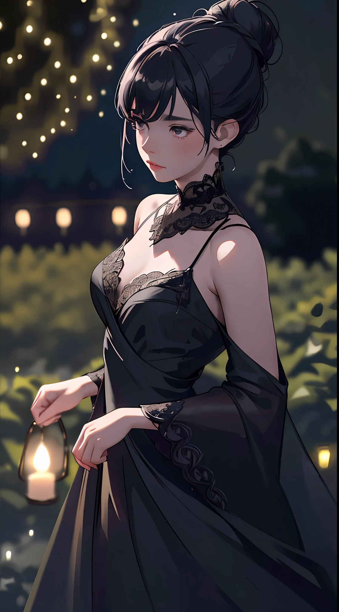 1girl, arms behind back, midnight, starry sky, colored lighting, looking at viewer, black night gown, black gown, messy bun, party, garden, black, cocktail dress, evening, lanterns, trimmed bushes, (solo focus, depth of field, ambient lighting, blurry foreground, blurry background:1.3), atmospheric, light flares, intricate details, enhanced lighting