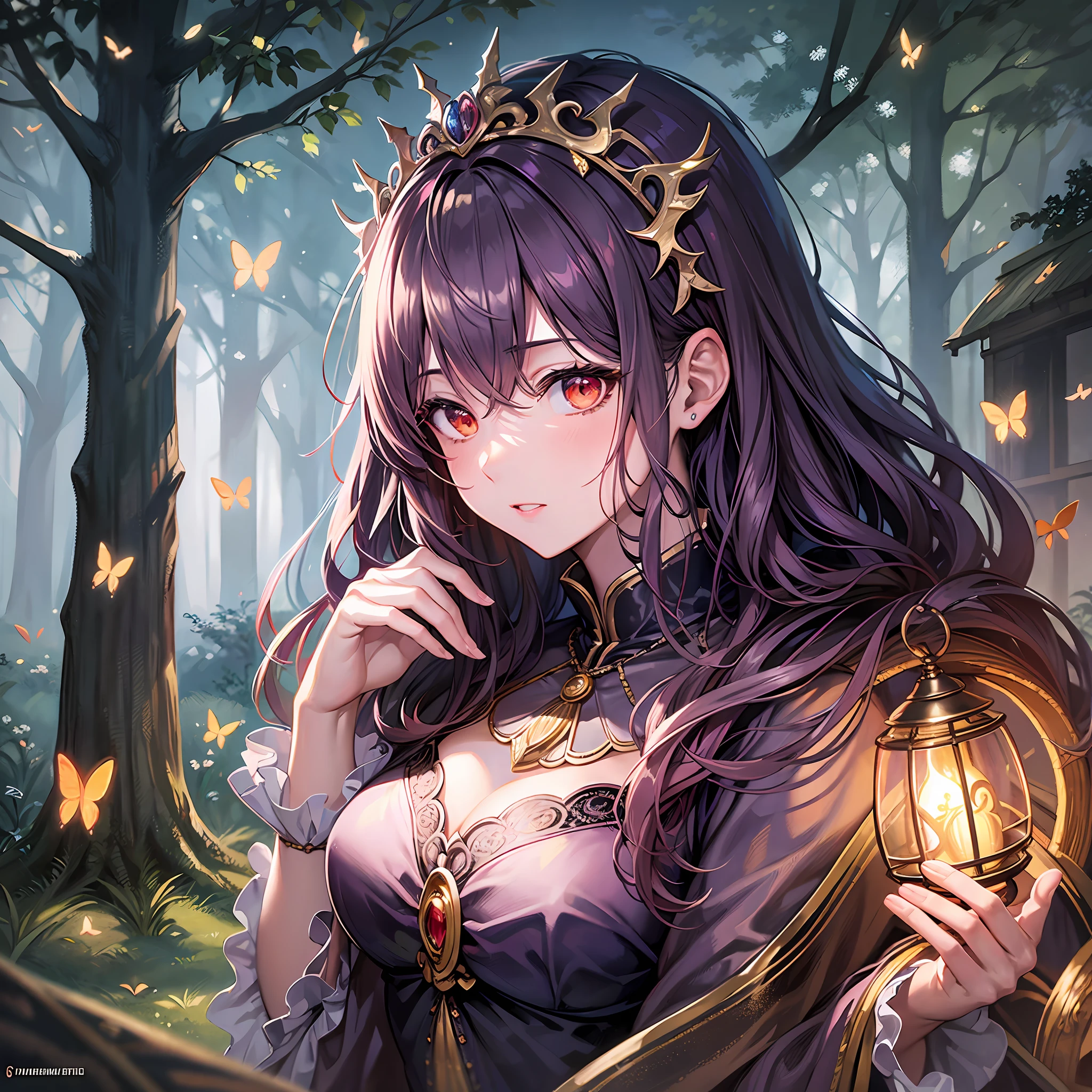 Manga-style, anime, animated GIF illustrating manga-style anime, Kentaro Miura, Wlop illustration, best quality, best lighting, best artist, best luminosity, incredible beautiful forest background scenery with butterflies, fireflies, a lovely young woman, wearing modest and elegant medieval attire, bright luminescent red eyes, fair skin, wearing a beautiful lace tiara, cinematic indirect lighting from the studio.