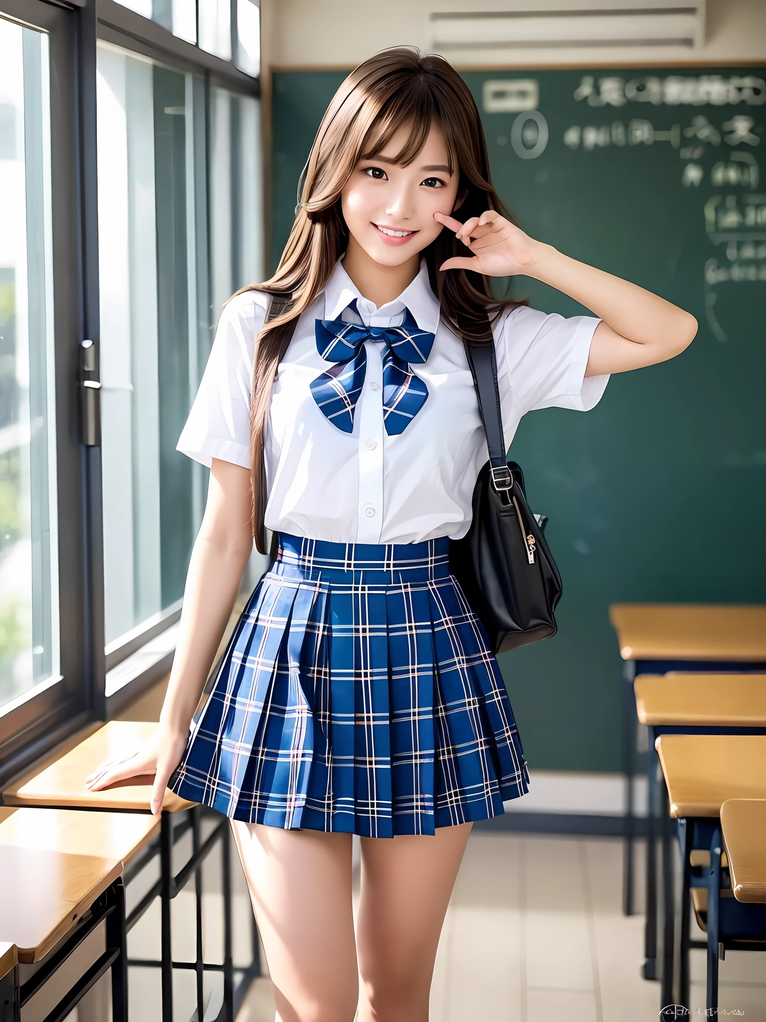 masterpiece, full body shot, a Japanese young pretty woman, standing entrance of the classroom with school bag, funny salute pose with big smile, glamorous figure, wearing a short sleeves white collared shirt with a plain shiny blue satin bow tie, wearing a blue tartan plaid long length skirt, wearing short length white socks, wearing white and red school shoes, absolutely pretty face, glossy lips, double eyelids in both eyes, Natural makeup, long eyelashes, shiny smooth light brown hair of medium length, asymmetrical bangs, tanned skin, alone in the classroom, a textbook and a note on the desk, head frame, central image, 8K resolution, high detail, detailed hairstyle, Detailed Face, spectacular cinematic lighting, octane rendering, vibrant, hyper realistic, perfect limbs, perfect anatomy