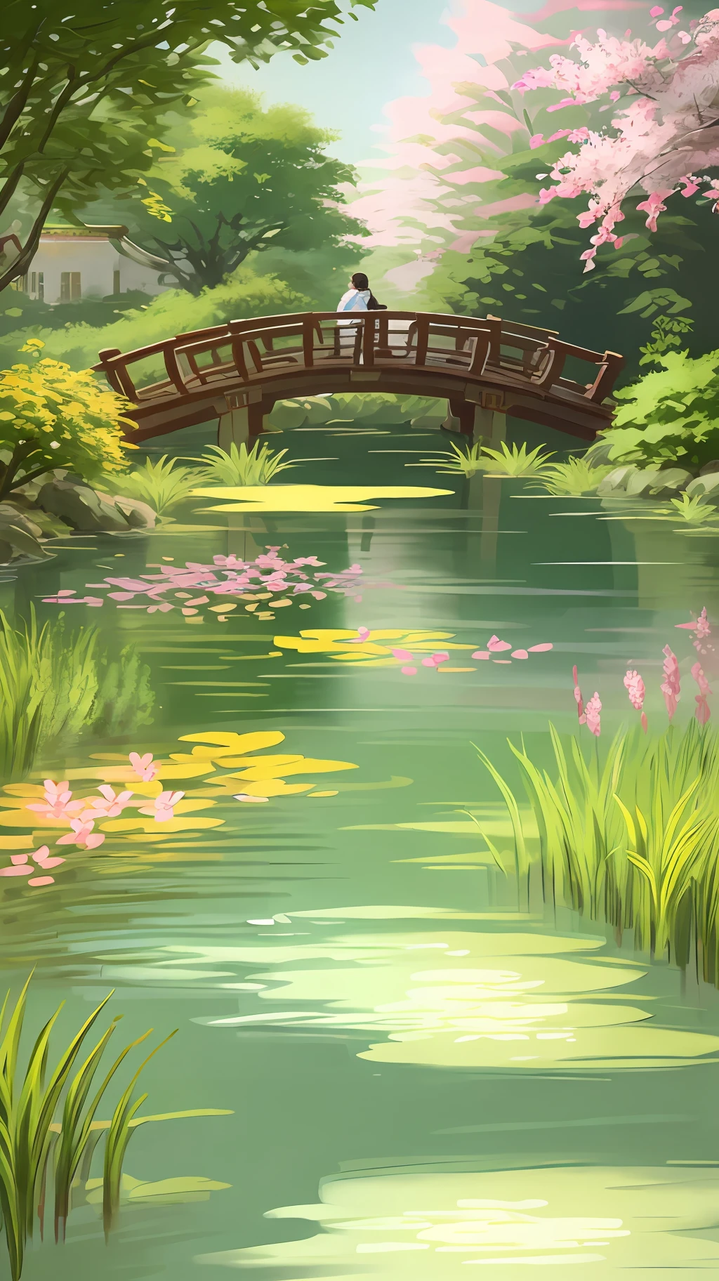 (digital painting),(best quality), (buildings:1.3), serene Japanese garden, cherry blossoms in full bloom, koi pond, footbridge, pagoda, Ukiyo-e art style, Hokusai inspiration, Deviant Art popular, 8k ultra-realistic, pastel color scheme, soft lighting, golden hour, tranquil atmosphere, landscape orientation