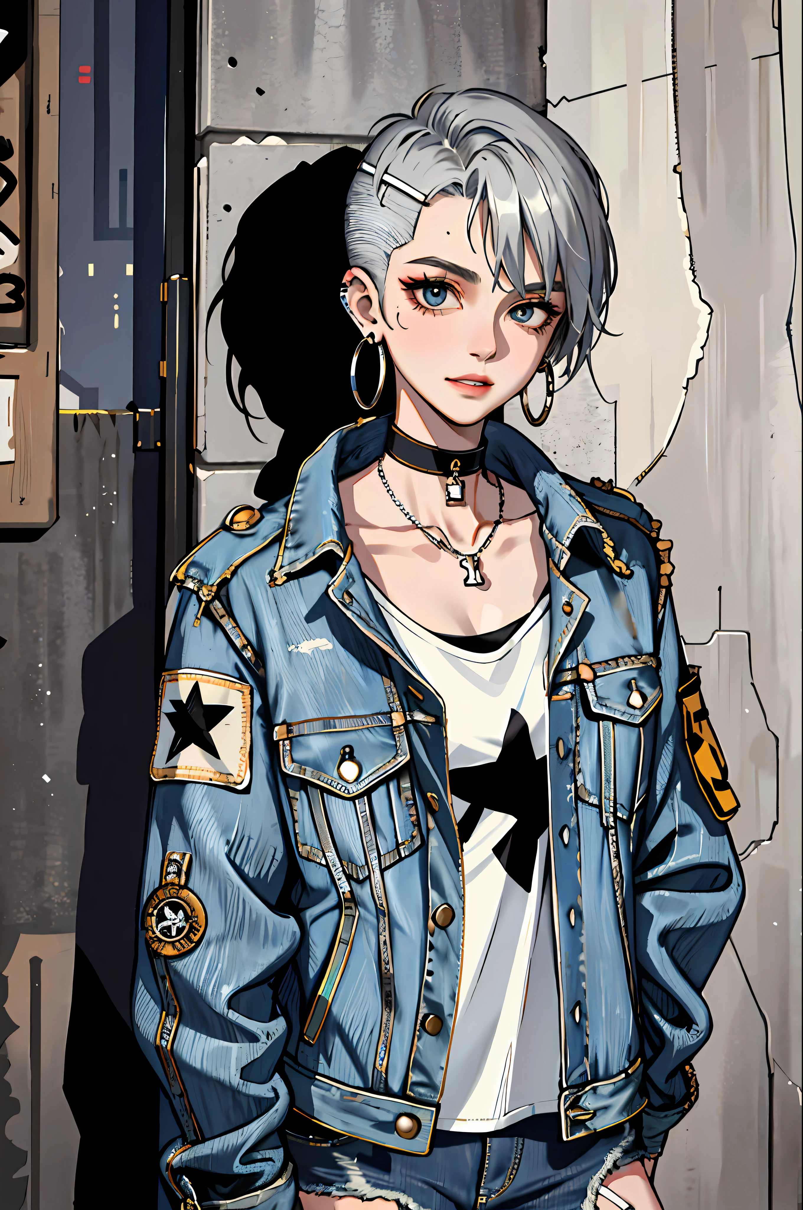 (masterpiece:1.2, best quality), (1lady, solo, upper body:1.2), Hair: buzz cut, Clothing: oversized, distressed denim jacket with patches and pins, paired with black skinny jeans and combat boots, Accessories: silver hoop earrings and a black choker necklace, Hanging out in an underground music venue or street art exhibit